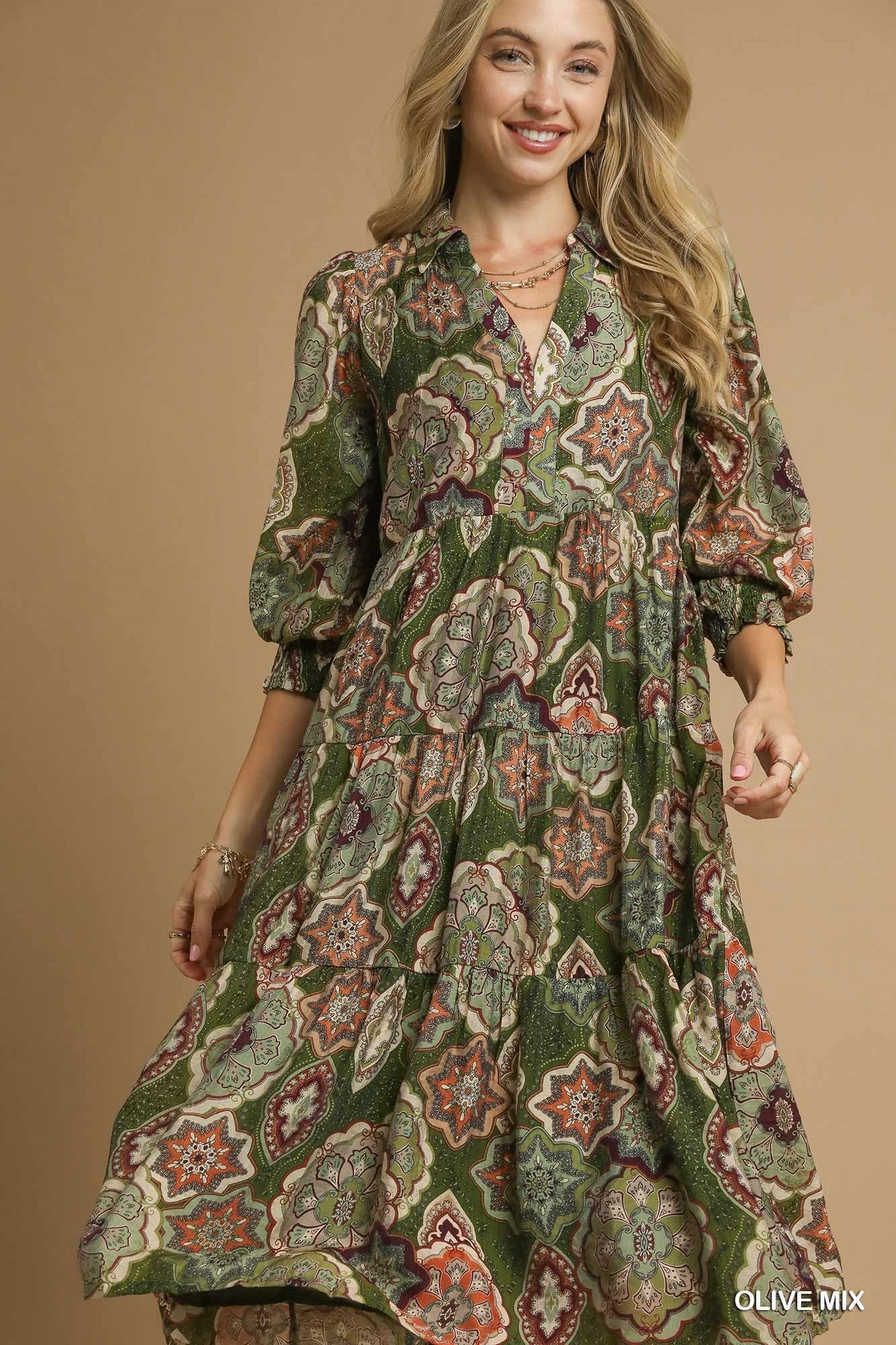 Umgee Boho Print Tiered Midi Dress