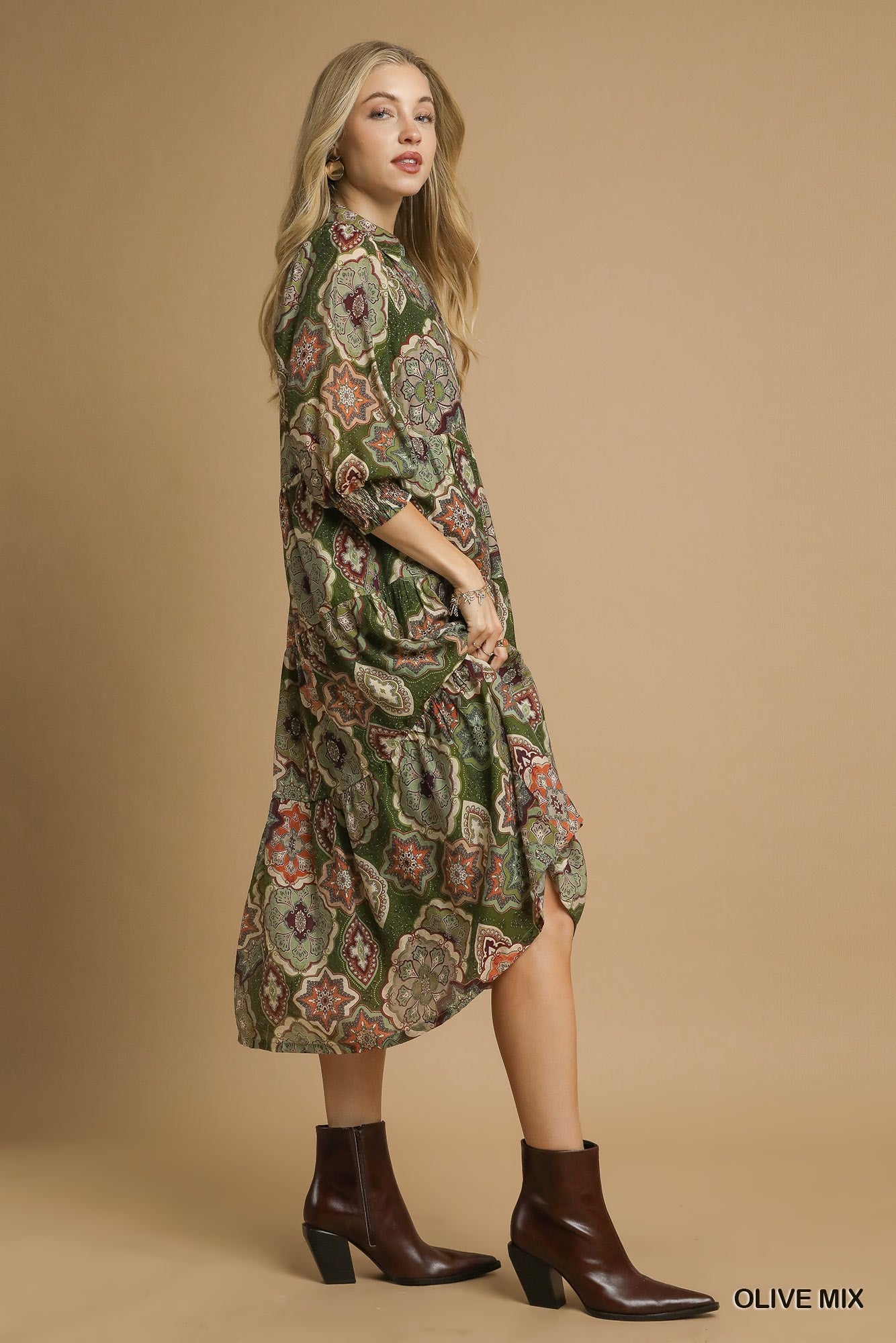 Umgee Boho Print Tiered Midi Dress