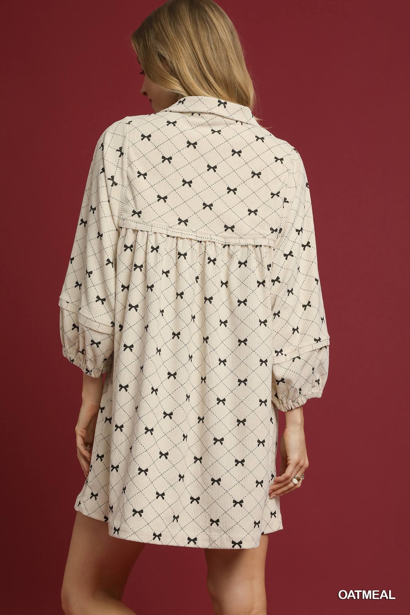 Umgee Corduroy Bow Print Babydoll Dress