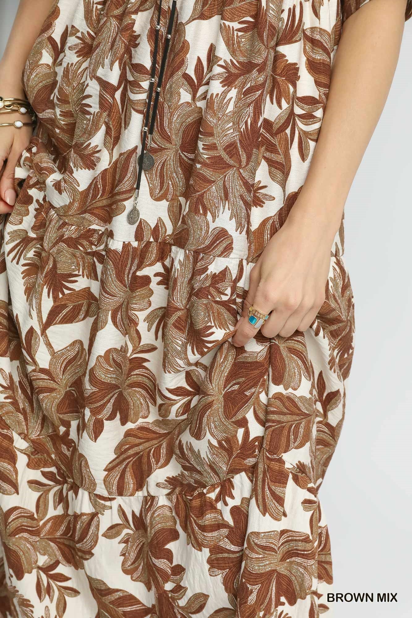 Umgee Boho Leaf Print Tiered Midi Dress