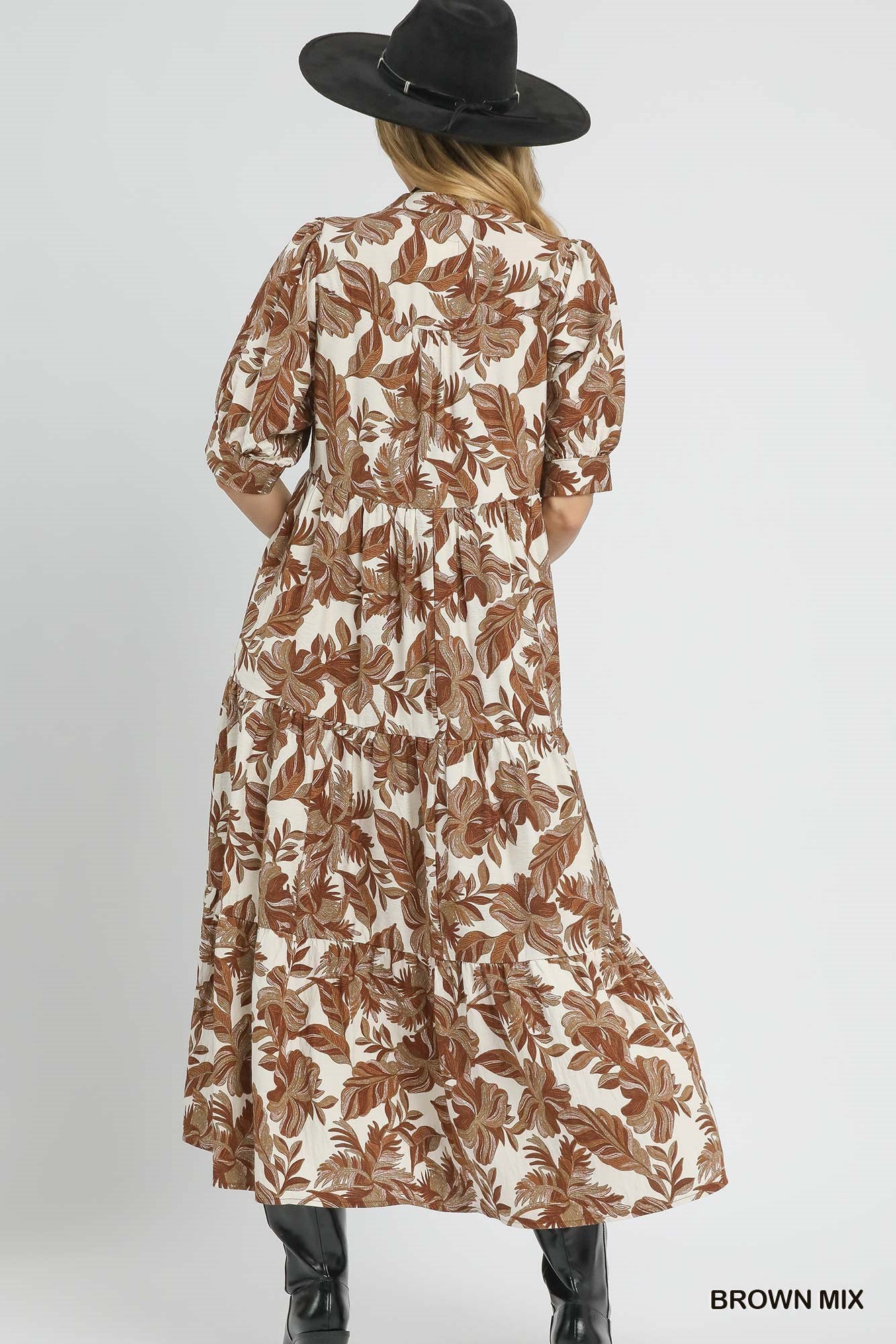 Umgee Boho Leaf Print Tiered Midi Dress