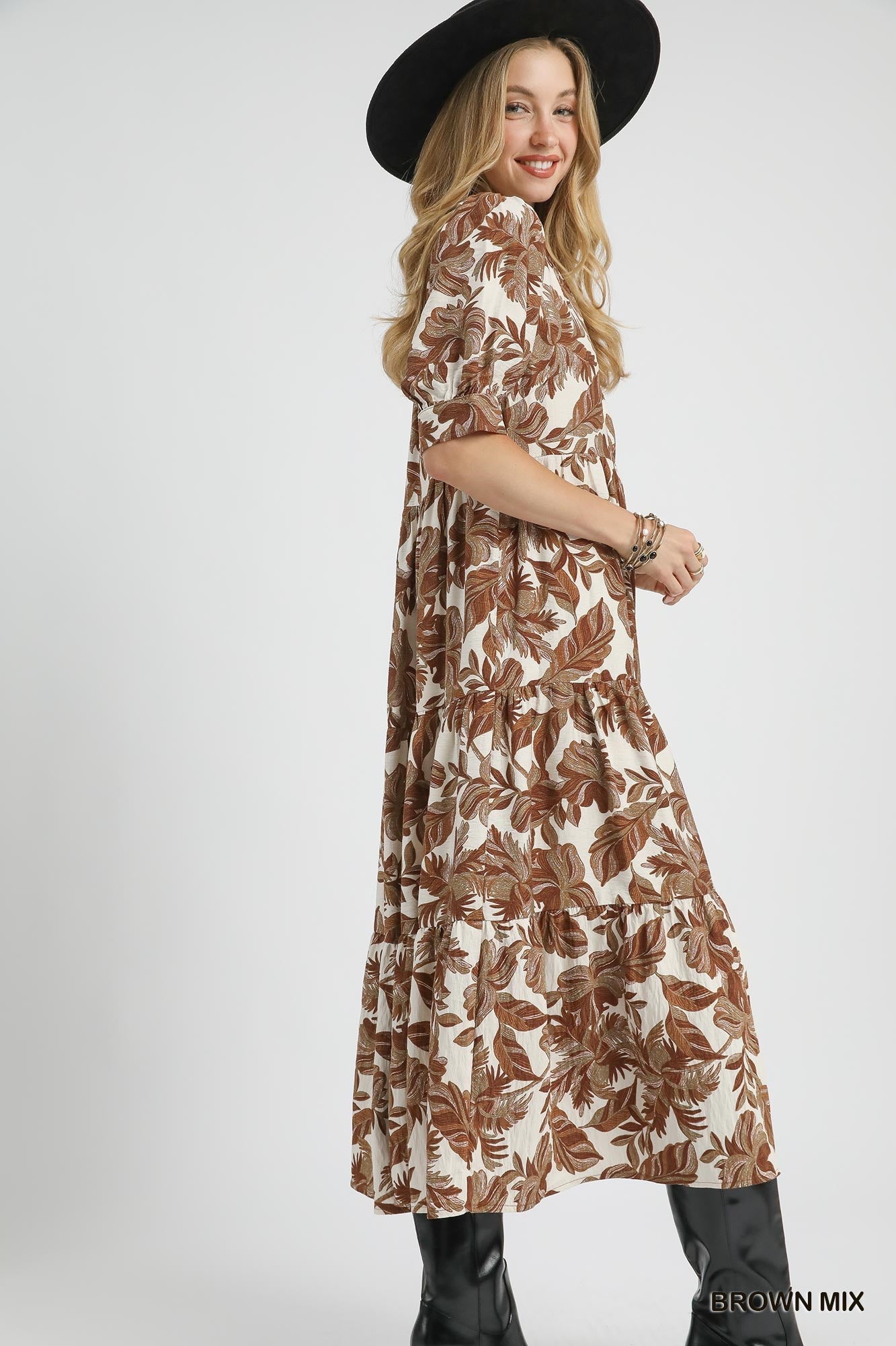Umgee Boho Leaf Print Tiered Midi Dress