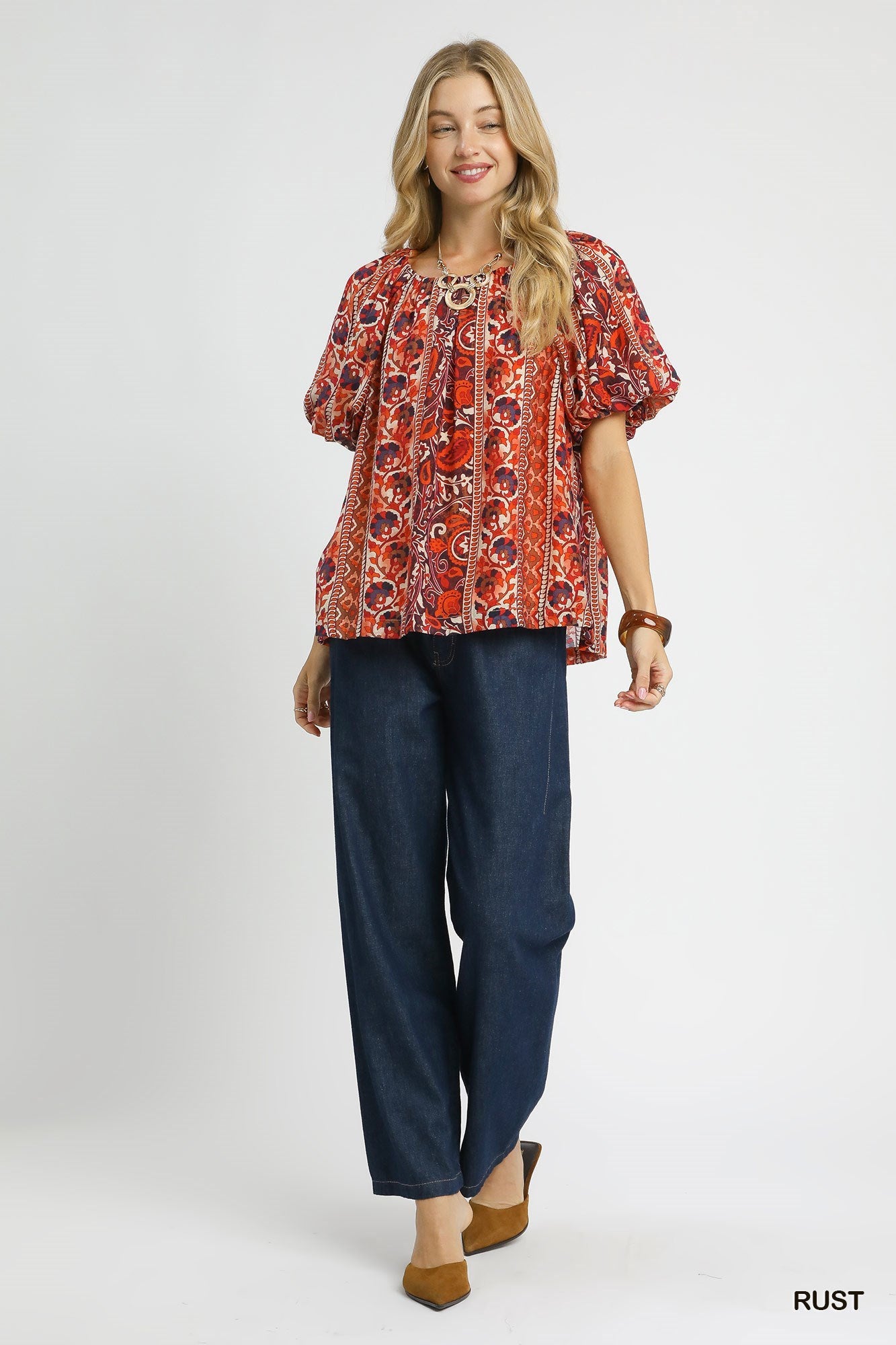 Umgee Boho Floral Stripe Puff Sleeve Blouse - Rust