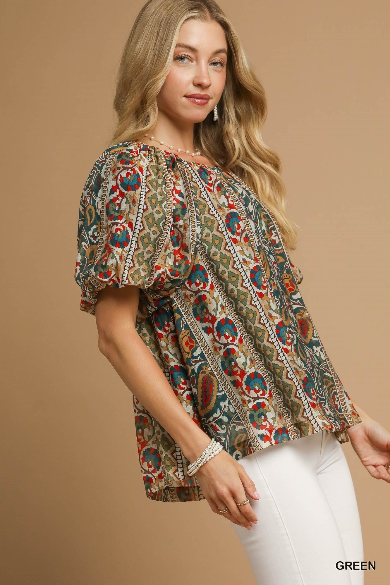 Umgee Boho Floral Stripe Puff Sleeve Blouse - Green