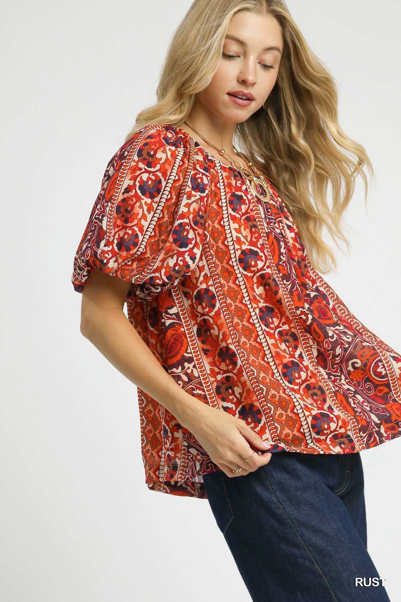 Umgee Boho Floral Stripe Puff Sleeve Blouse - Rust