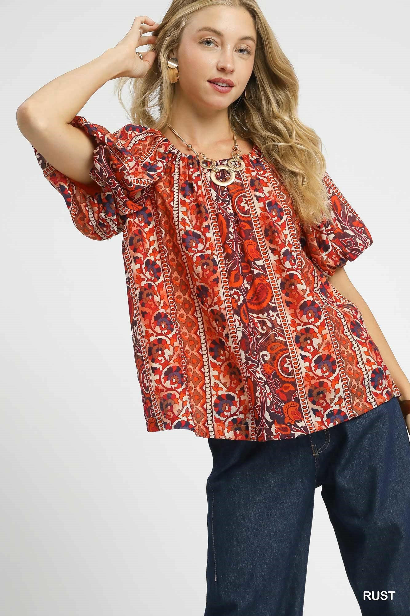 Umgee Boho Floral Stripe Puff Sleeve Blouse - Rust