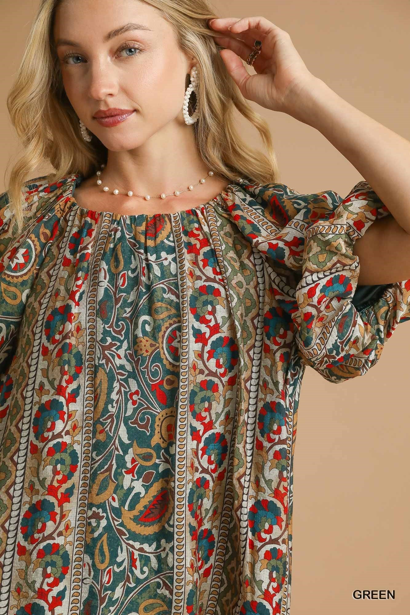 Umgee Boho Floral Stripe Puff Sleeve Blouse - Green