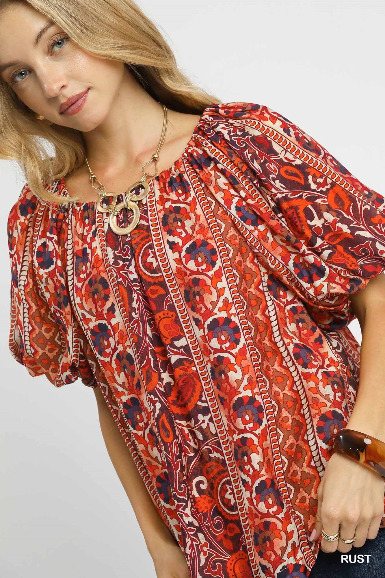 Umgee Boho Floral Stripe Puff Sleeve Blouse - Rust