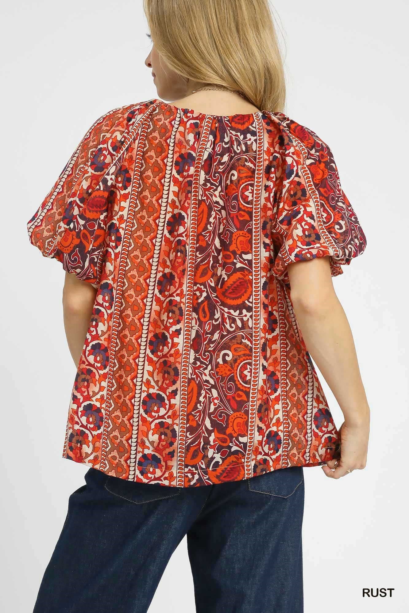 Umgee Boho Floral Stripe Puff Sleeve Blouse - Rust