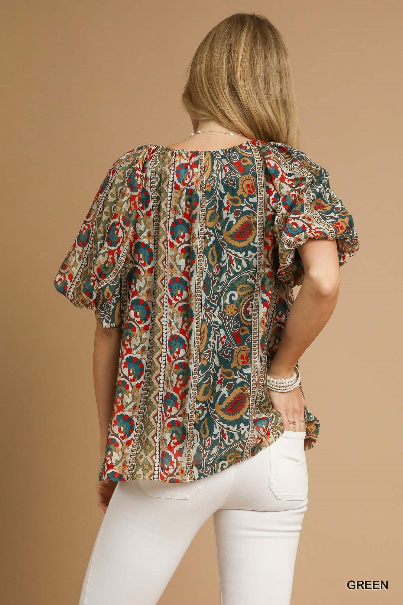 Umgee Boho Floral Stripe Puff Sleeve Blouse - Green