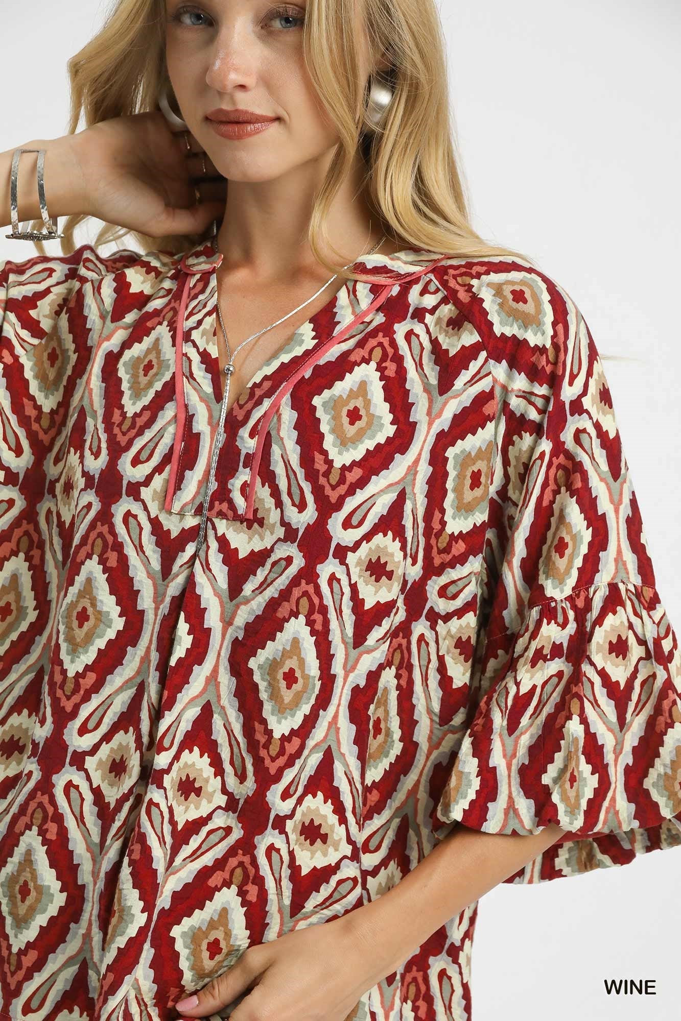 Umgee Boho Geo Print Ruffle Sleeve Top - wine