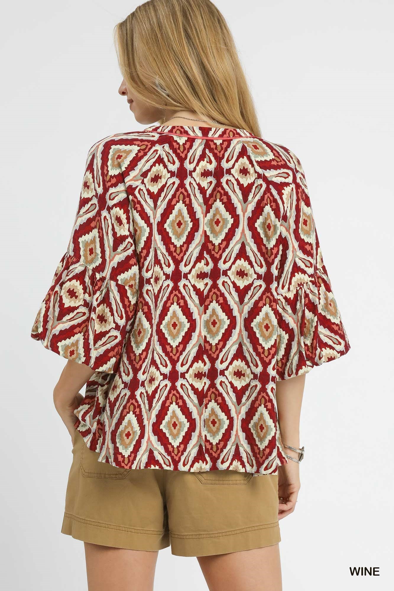 Umgee Boho Geo Print Ruffle Sleeve Top - wine
