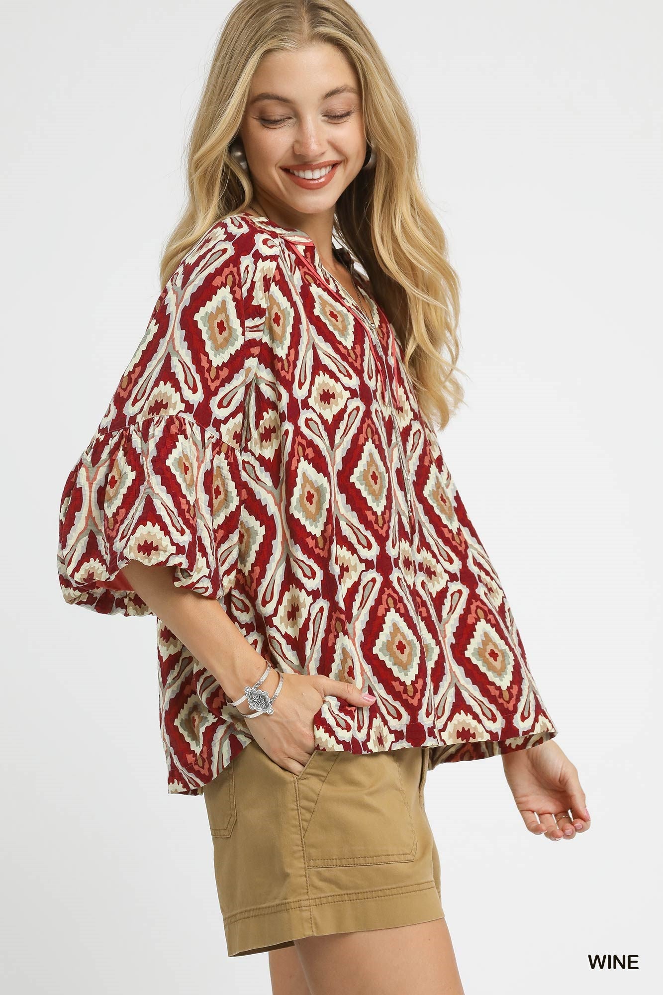 Umgee Boho Geo Print Ruffle Sleeve Top - wine