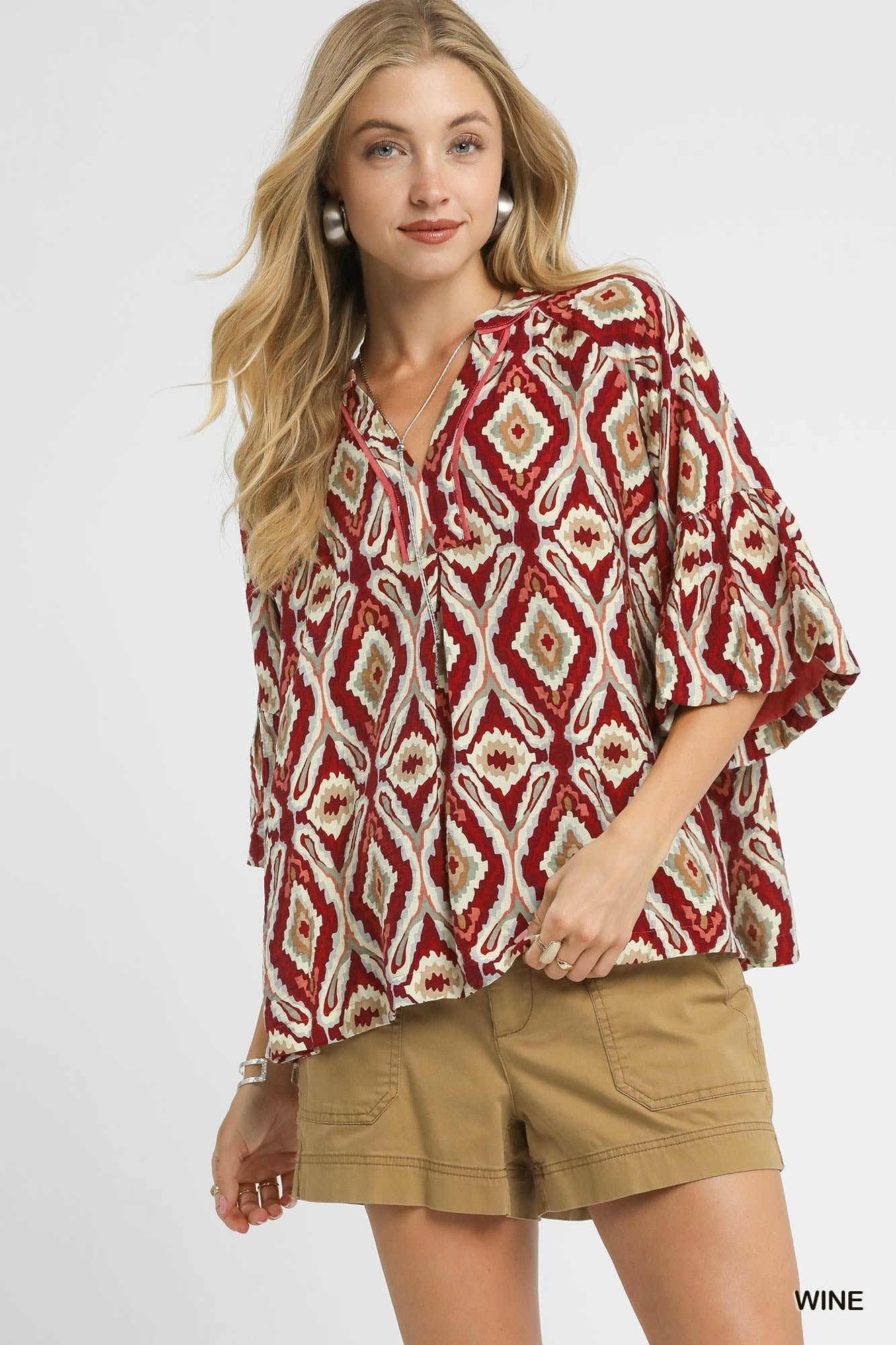 Umgee Boho Geo Print Ruffle Sleeve Top - wine