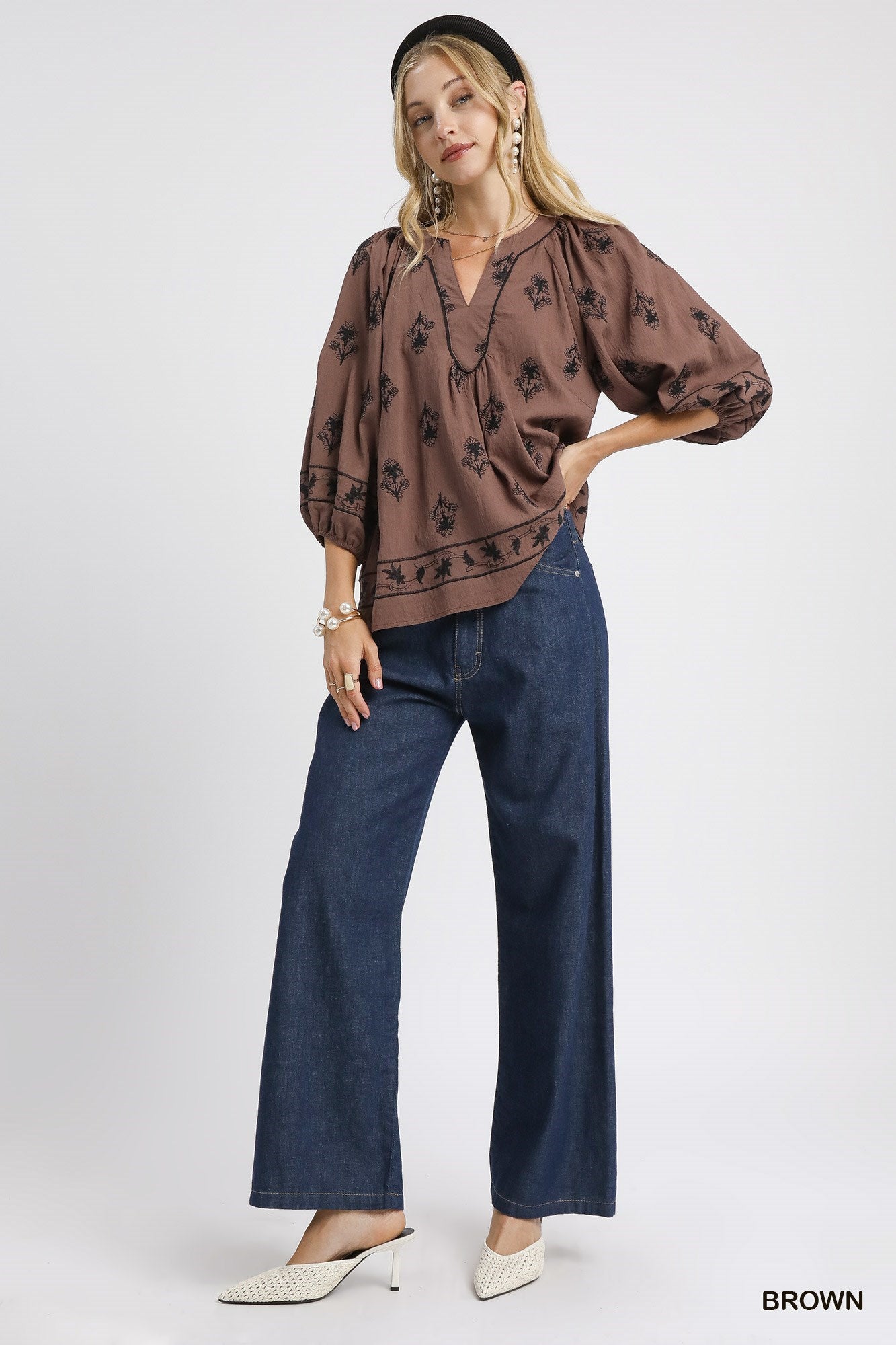 Umgee Embroidered 3/4 Top - Brown