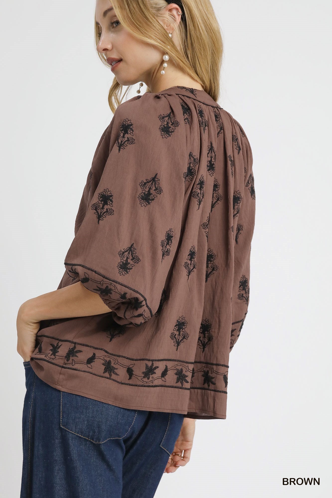 Umgee Embroidered 3/4 Top - Brown