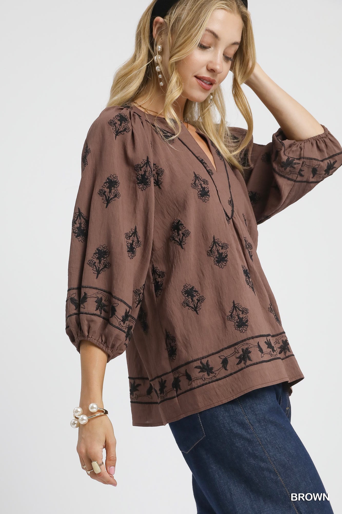 Umgee Embroidered 3/4 Top - Brown