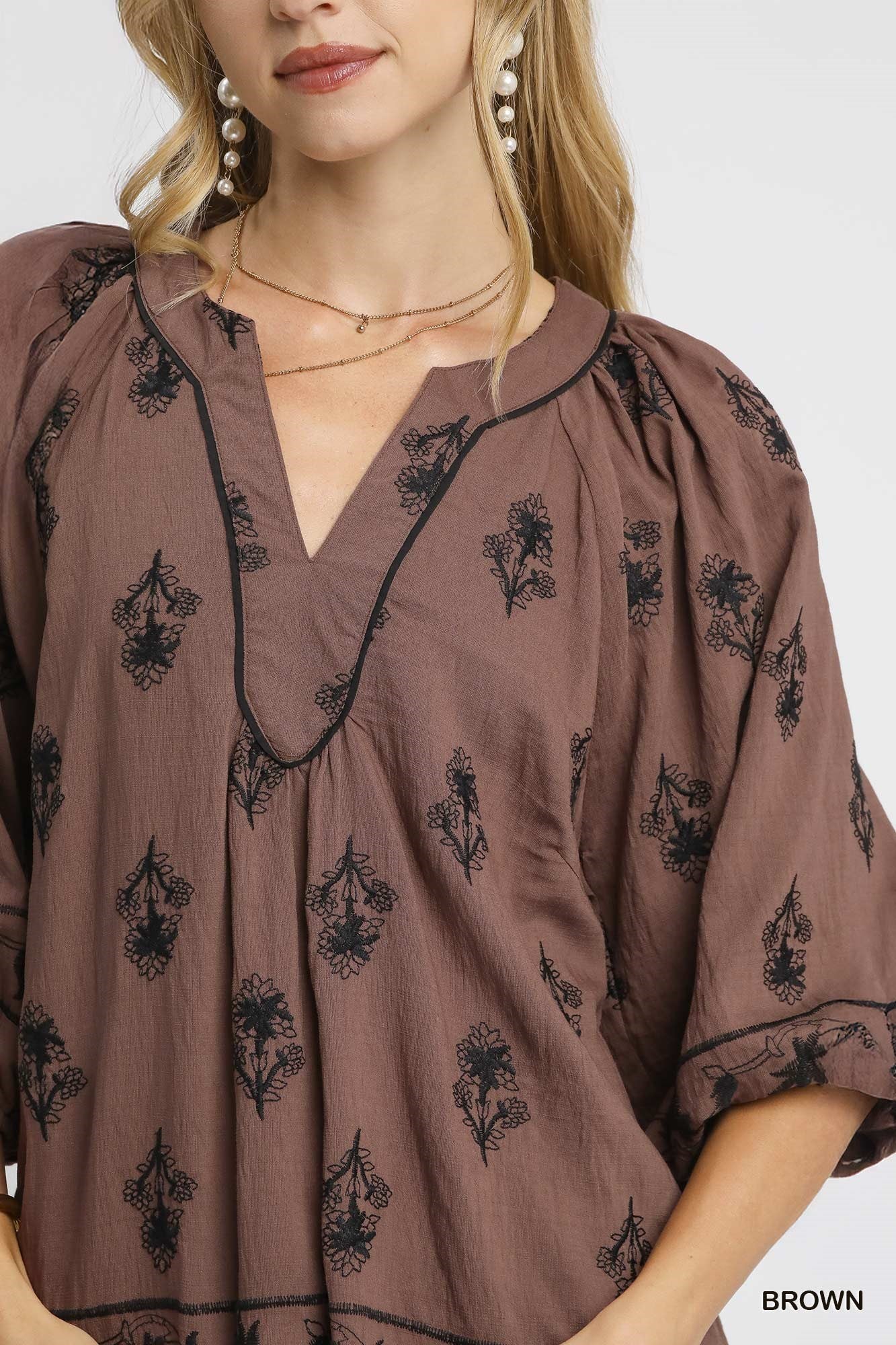 Umgee Embroidered 3/4 Top - Brown