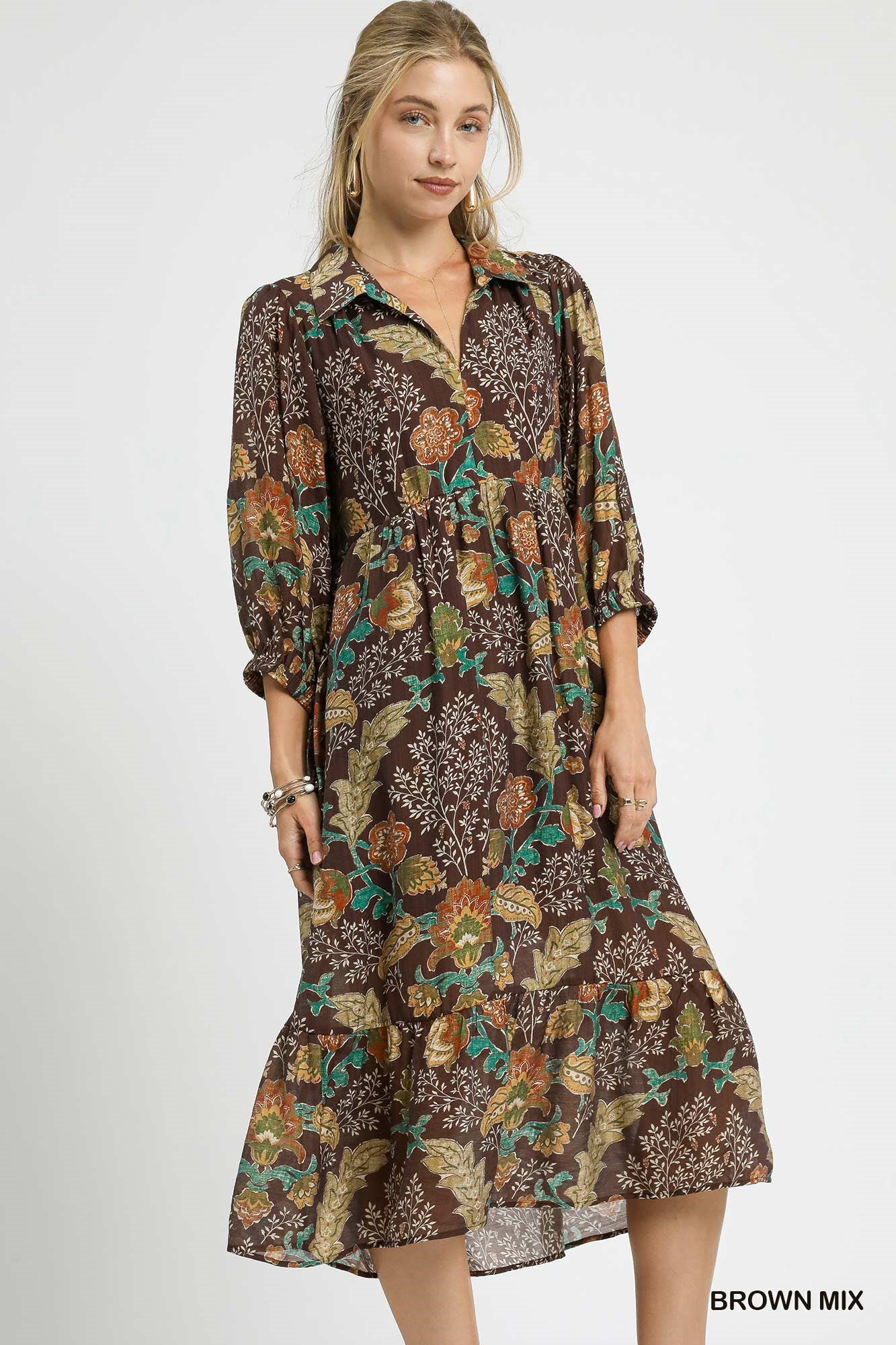 Umgee Mix Floral Collared Midi Dress