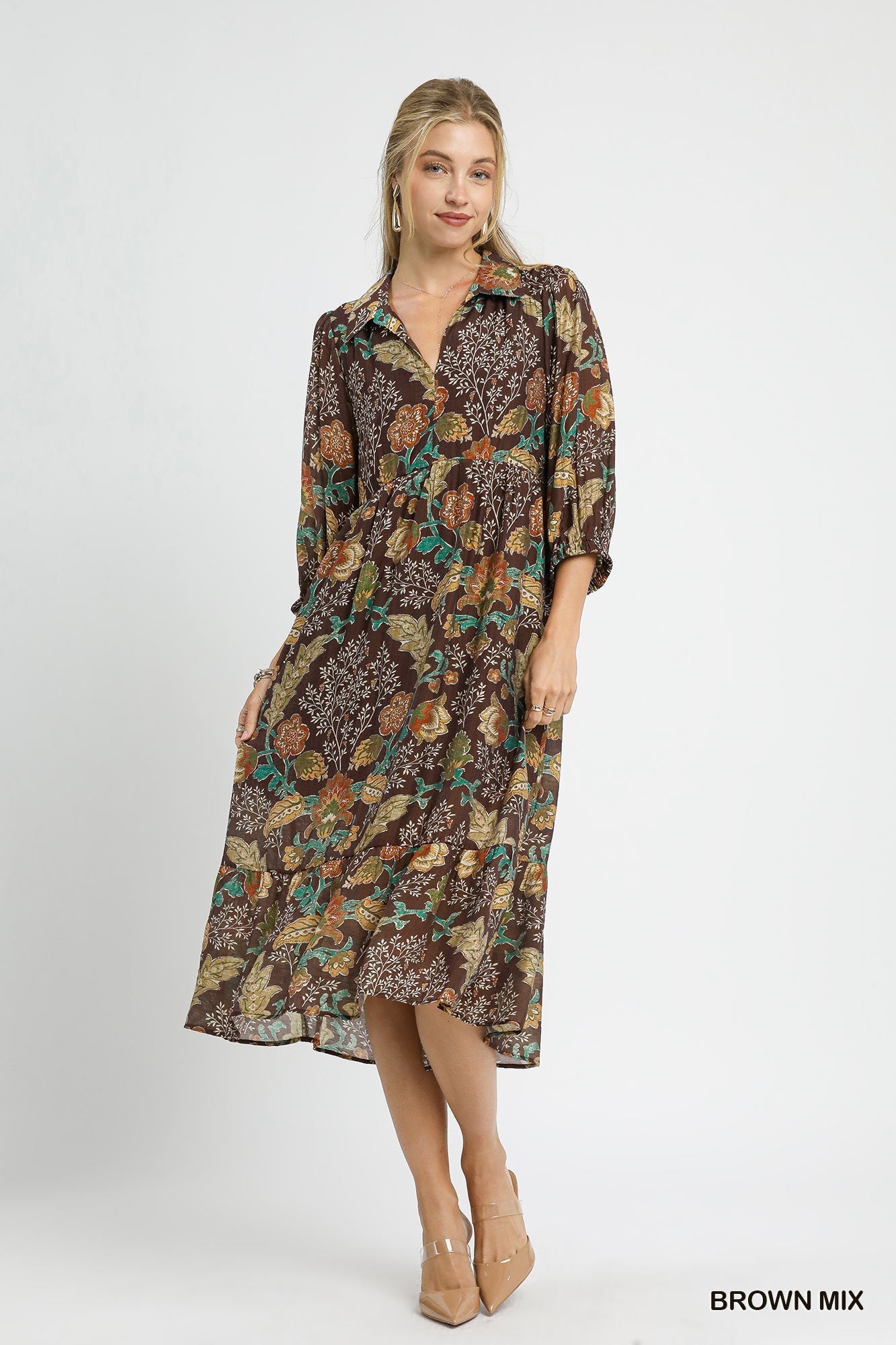 Umgee Mix Floral Collared Midi Dress