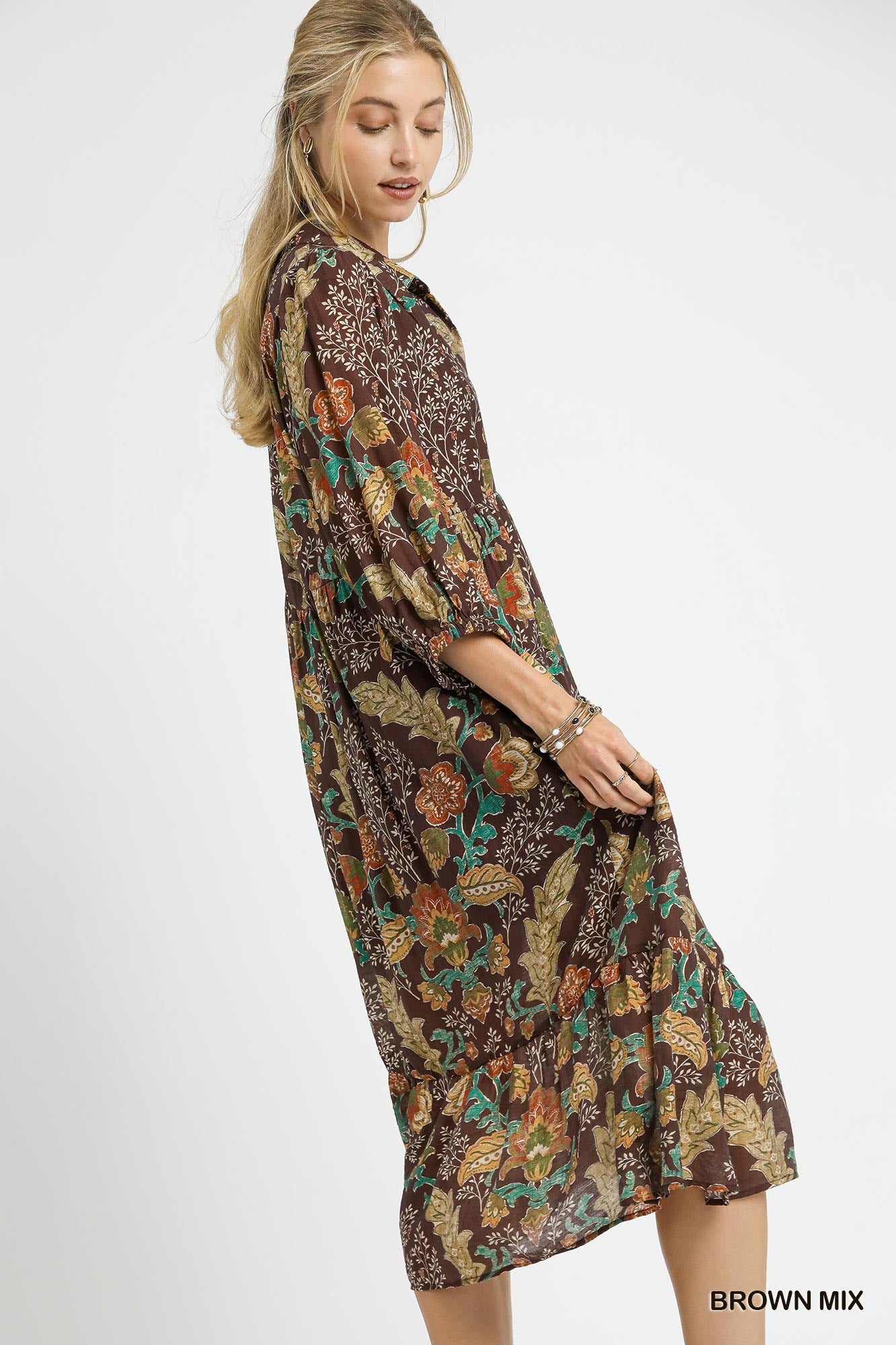 Umgee Mix Floral Collared Midi Dress