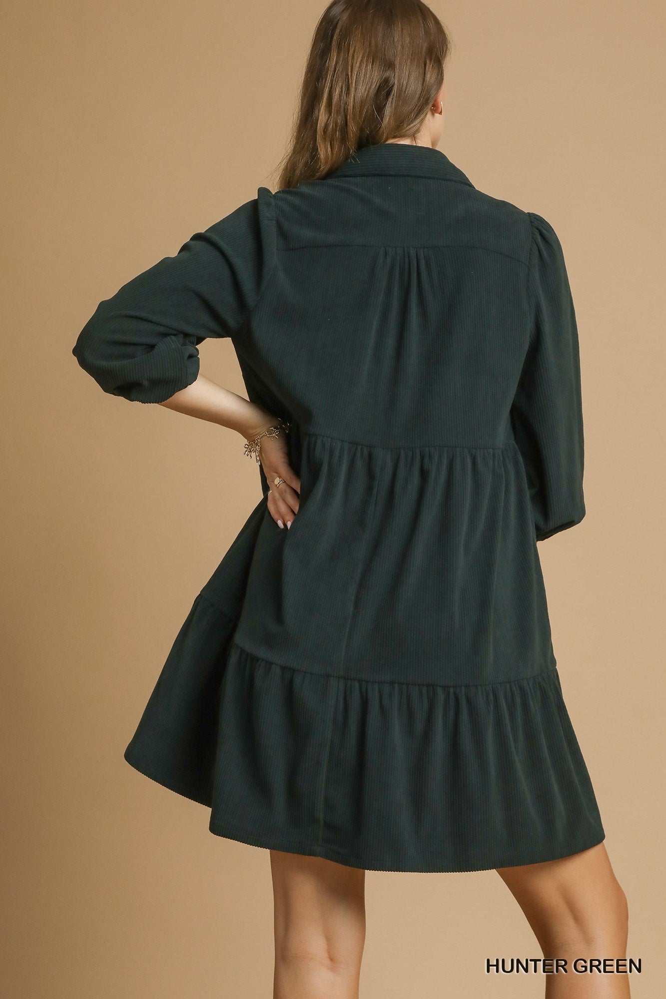 Umgee Tiered Corduroy Mini Dress with Balloon Sleeves - Hunter Green
