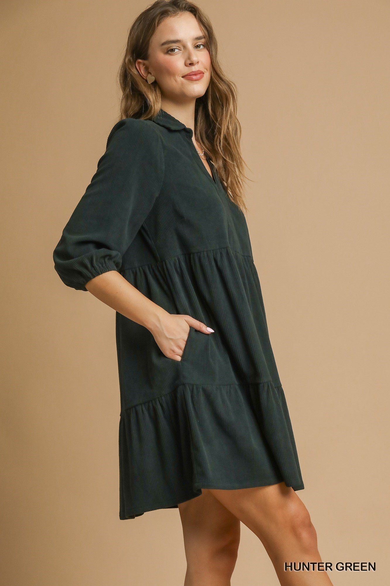 Umgee Tiered Corduroy Mini Dress with Balloon Sleeves - Hunter Green