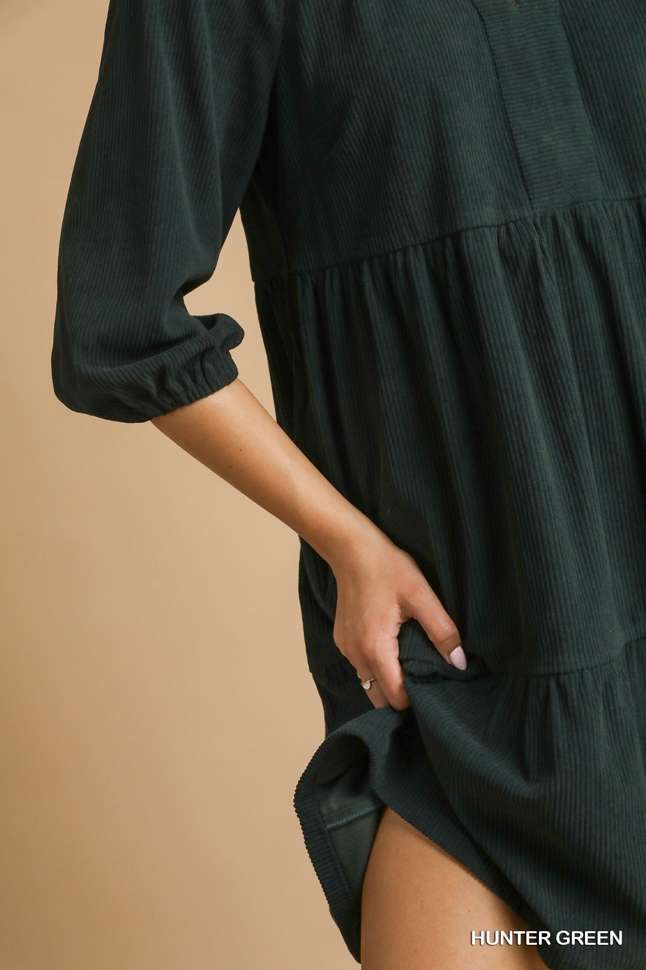 Umgee Tiered Corduroy Mini Dress with Balloon Sleeves - Hunter Green