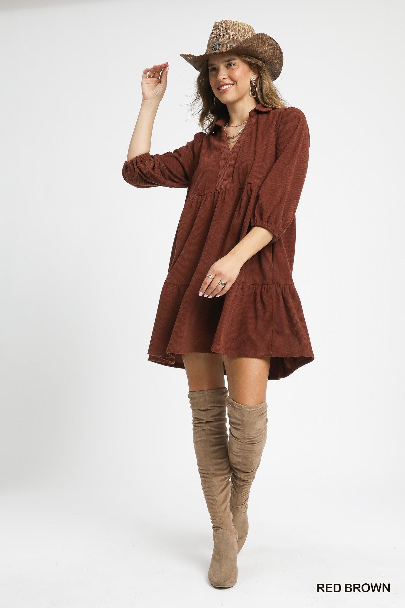 Umgee Tiered Corduroy Mini Dress with Balloon Sleeves - Red Brown
