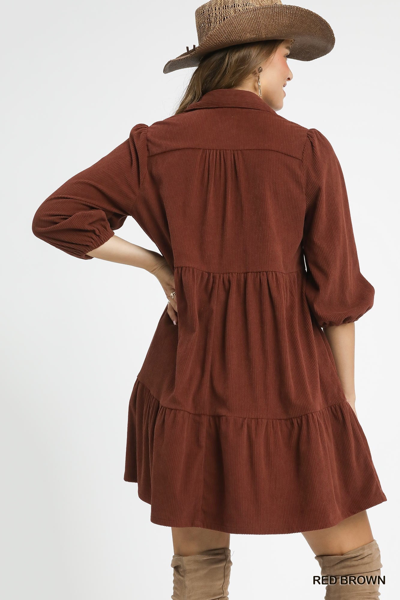 Umgee Tiered Corduroy Mini Dress with Balloon Sleeves - Red Brown