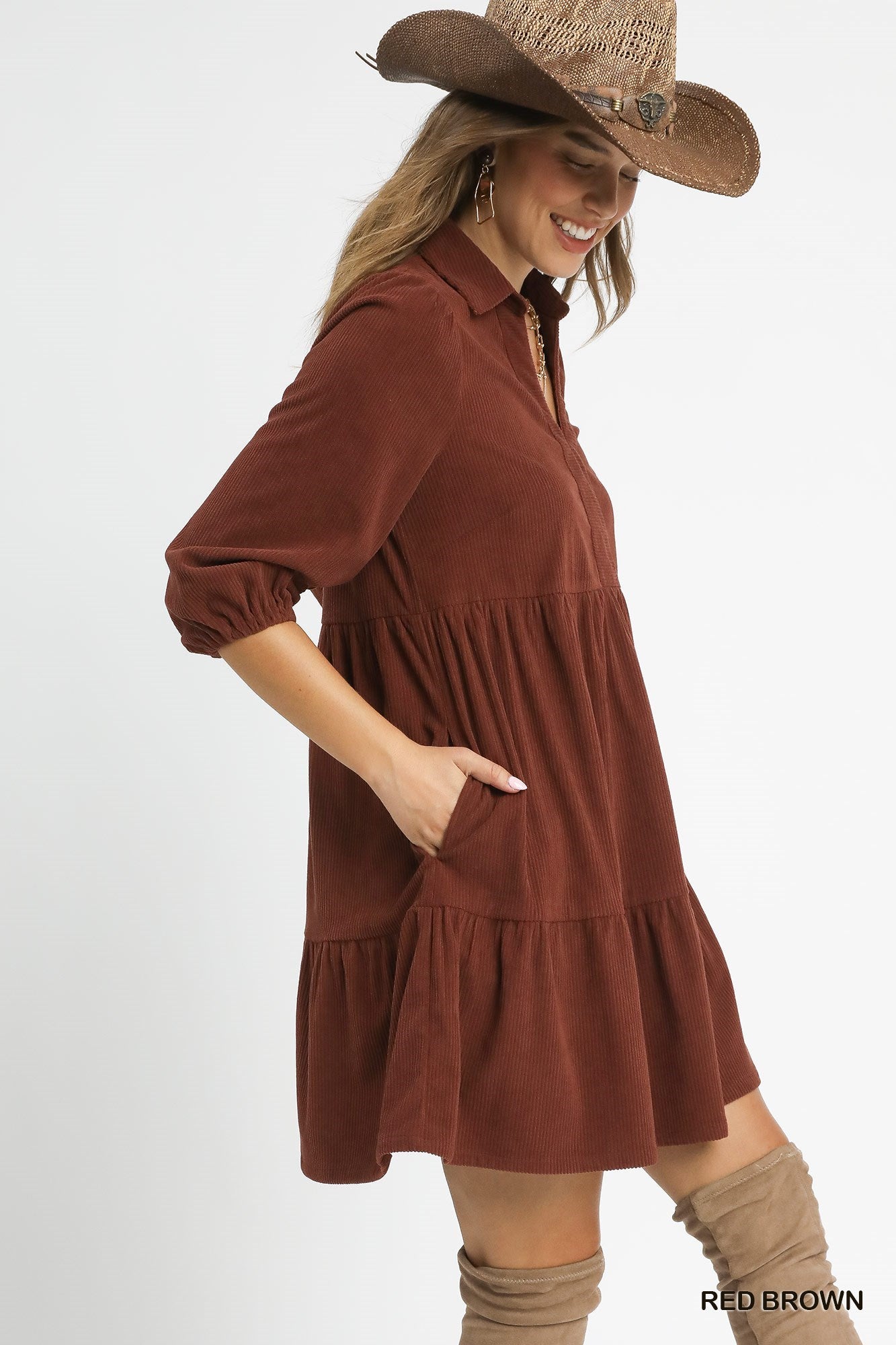 Umgee Tiered Corduroy Mini Dress with Balloon Sleeves - Red Brown