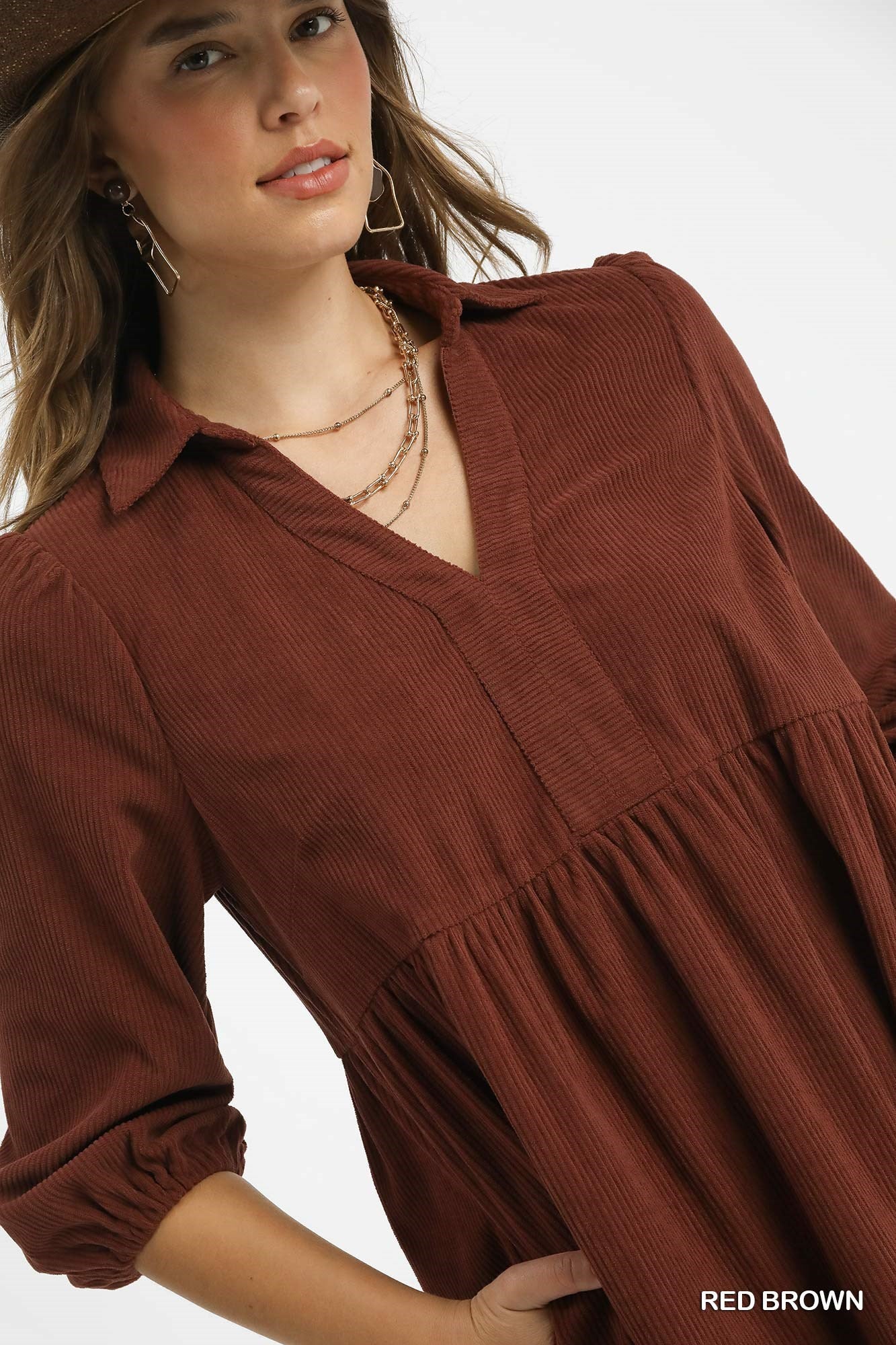 Umgee Tiered Corduroy Mini Dress with Balloon Sleeves - Red Brown