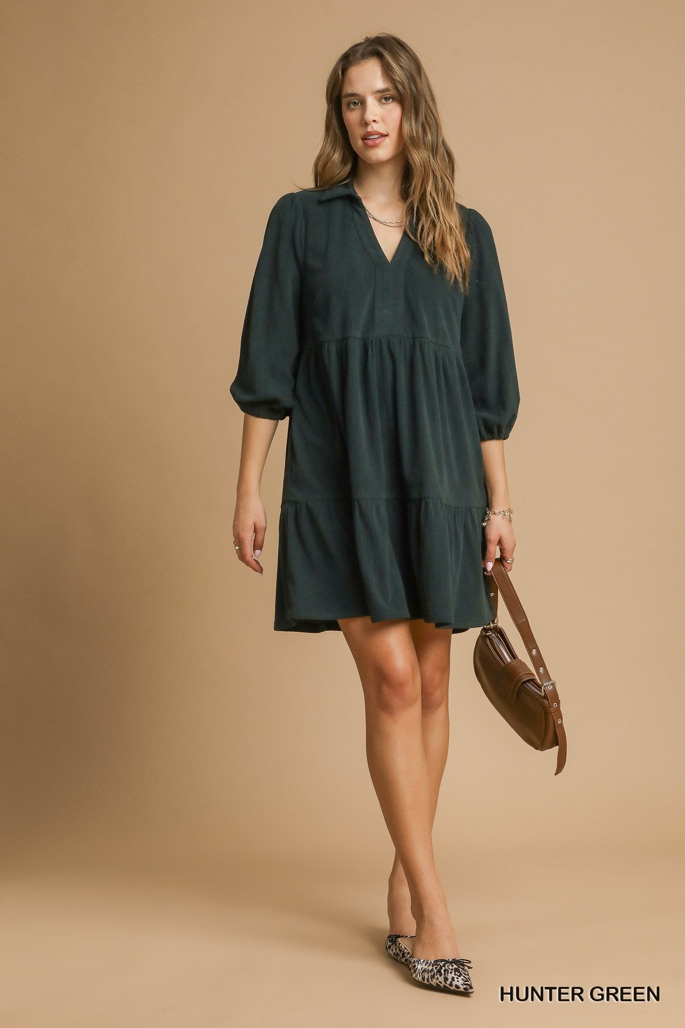 Umgee Tiered Corduroy Mini Dress with Balloon Sleeves - Hunter Green