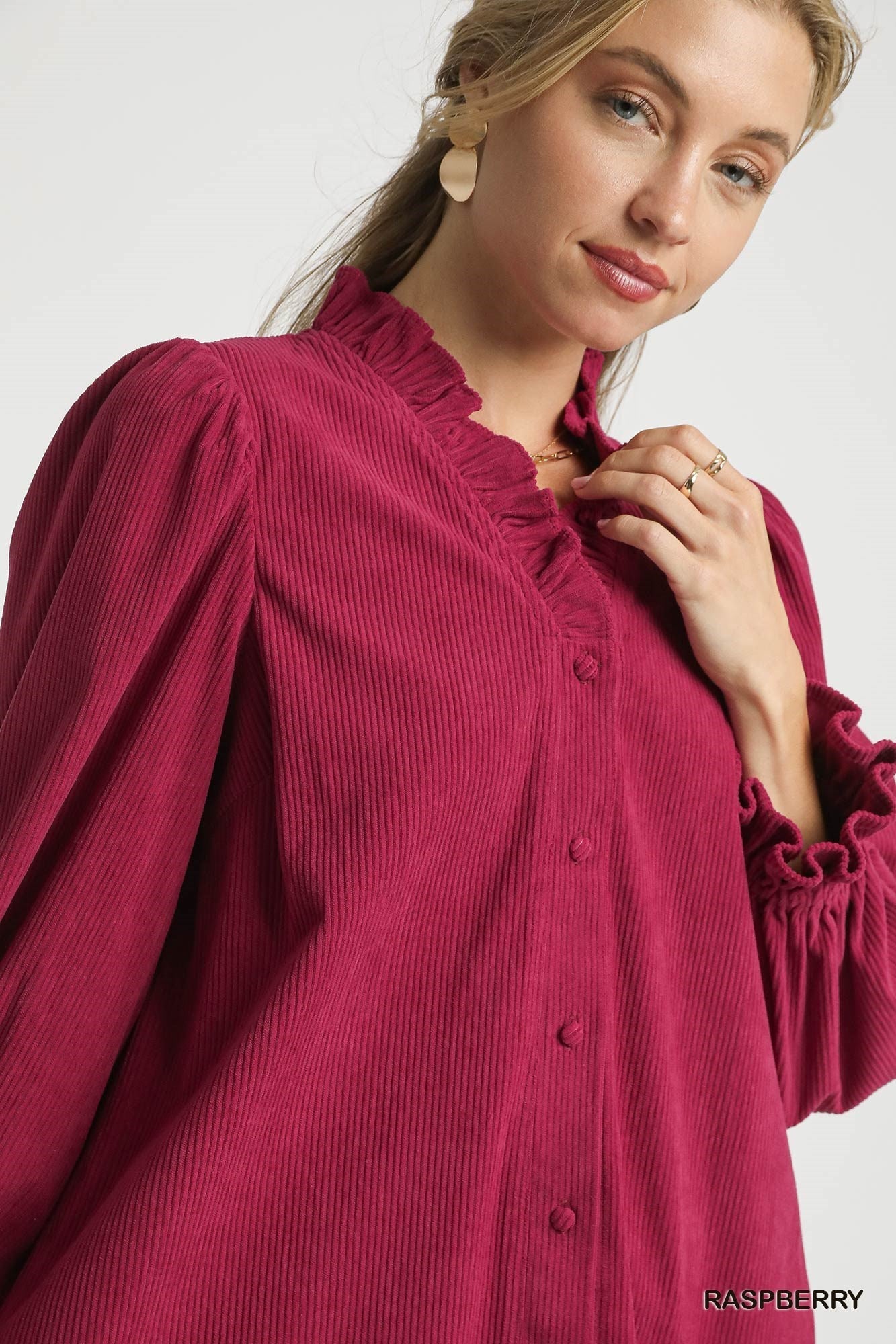 Umgee Corduroy Ruffle Trim Babydoll Dress - Raspberry