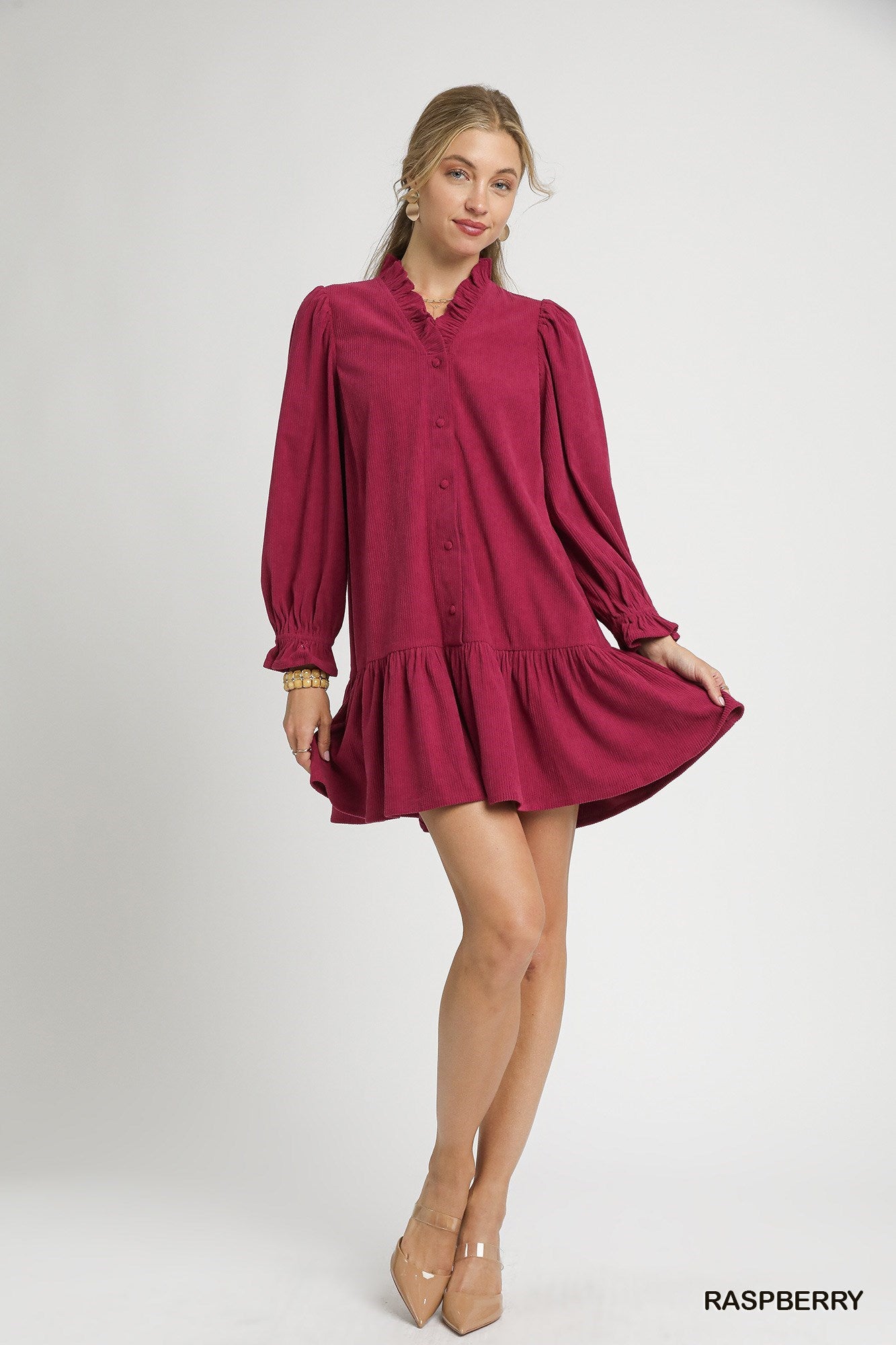 Umgee Corduroy Ruffle Trim Babydoll Dress - Raspberry