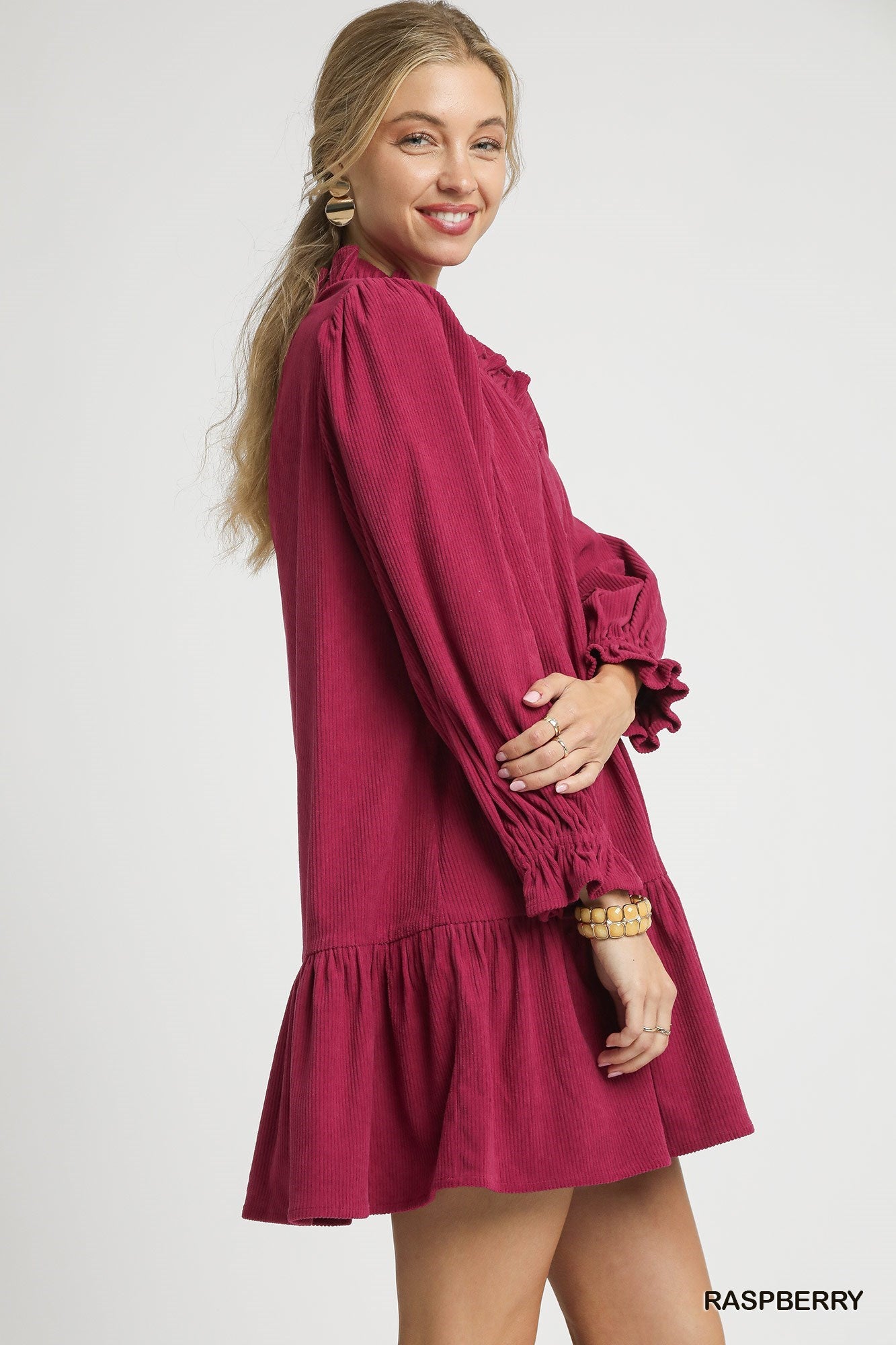 Umgee Corduroy Ruffle Trim Babydoll Dress - Raspberry