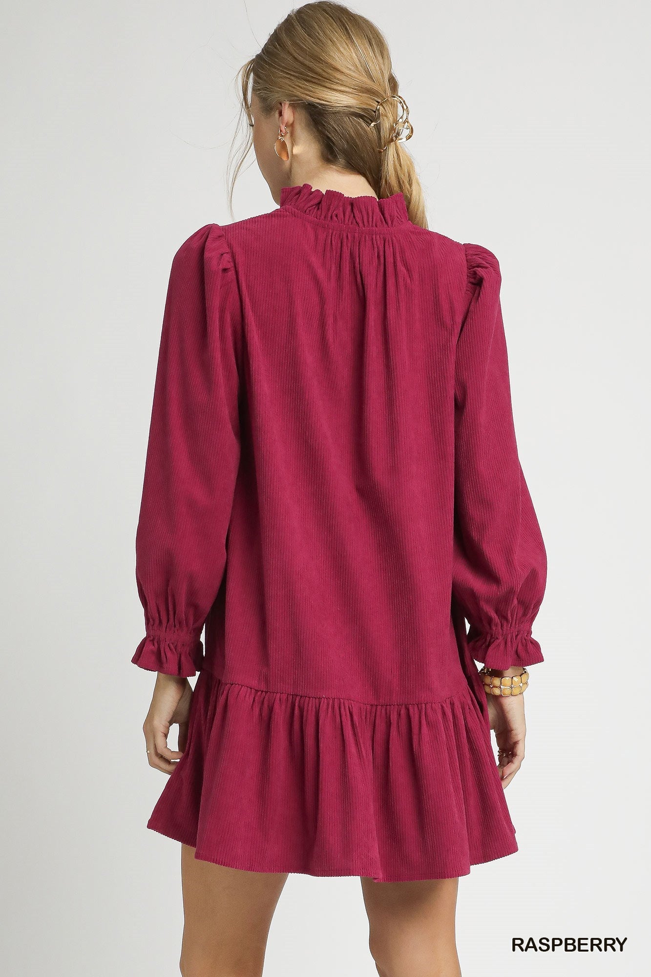 Umgee Corduroy Ruffle Trim Babydoll Dress - Raspberry