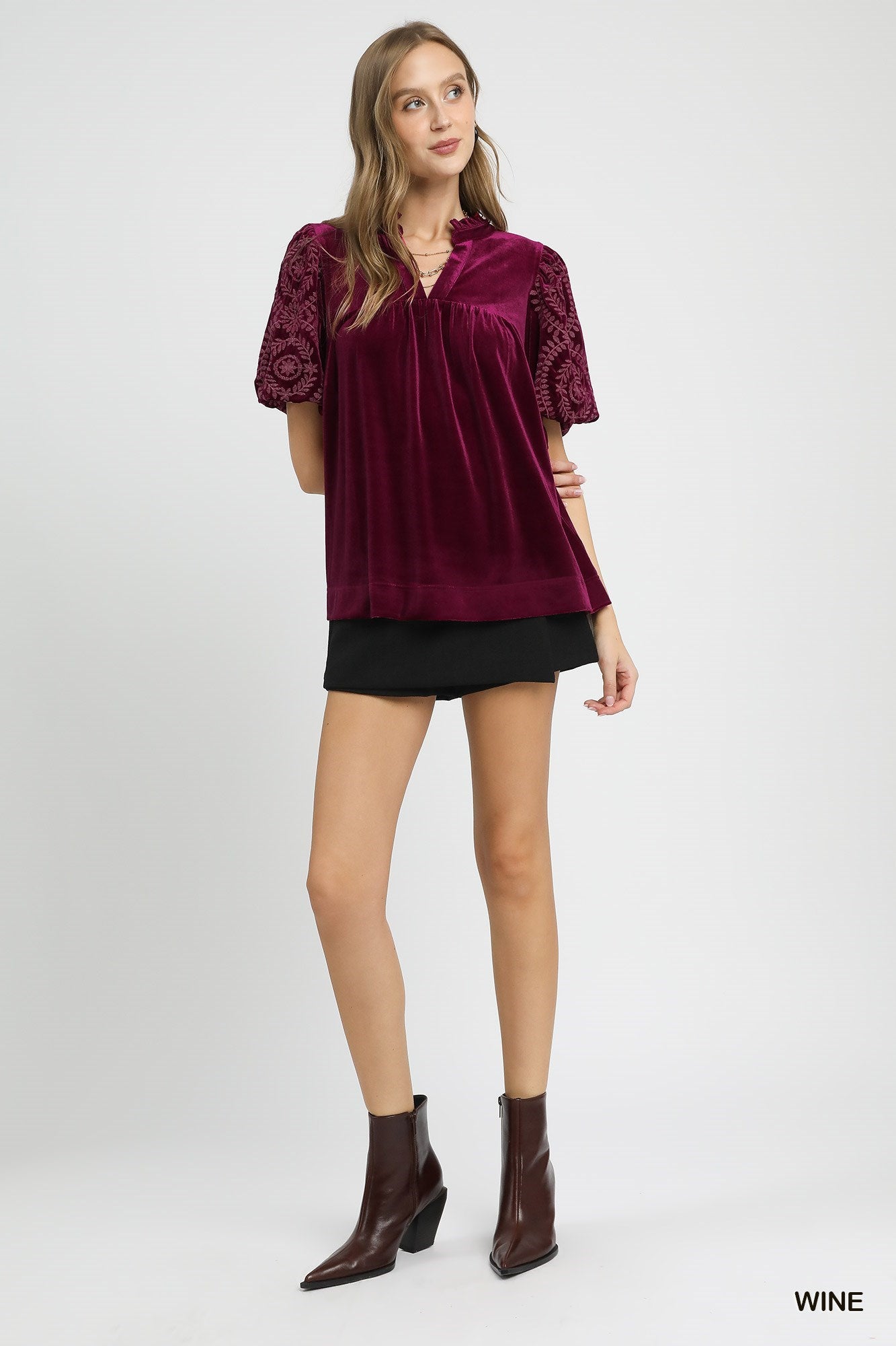 Umgee Velvet Embroidered Sleeve Top - Wine