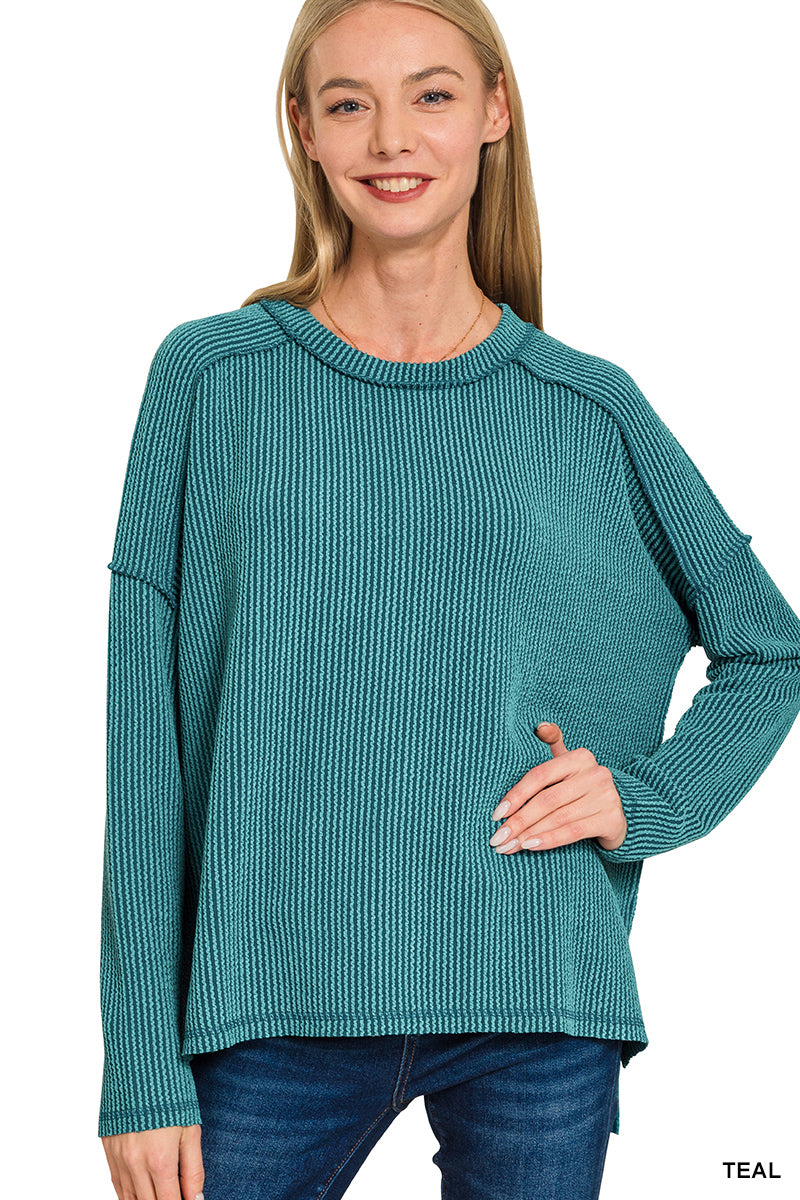 Zenana Plus Raised rib raw edge boat neck long sleeve top - Teal