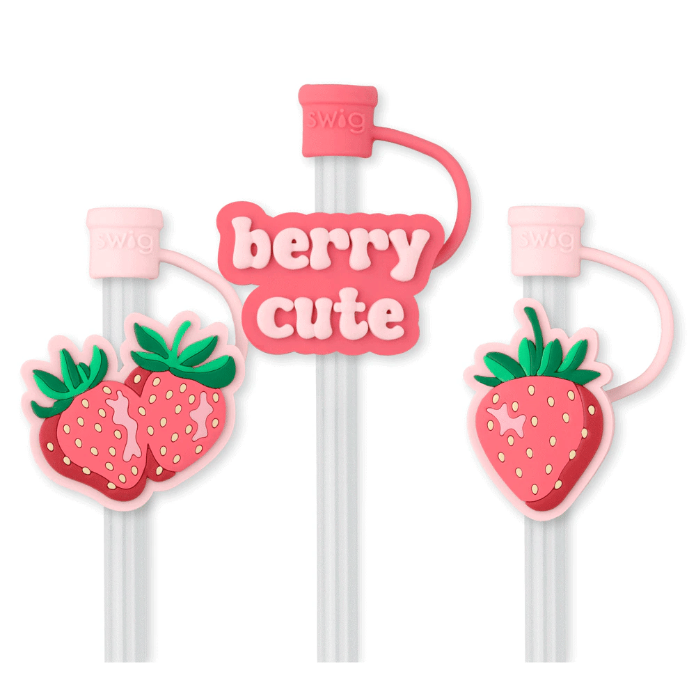 Close Up Set of three reusable Strawberry Shortcake straws with silicone charms and protective caps, compatible with Swig tumblers and most standard drinkware