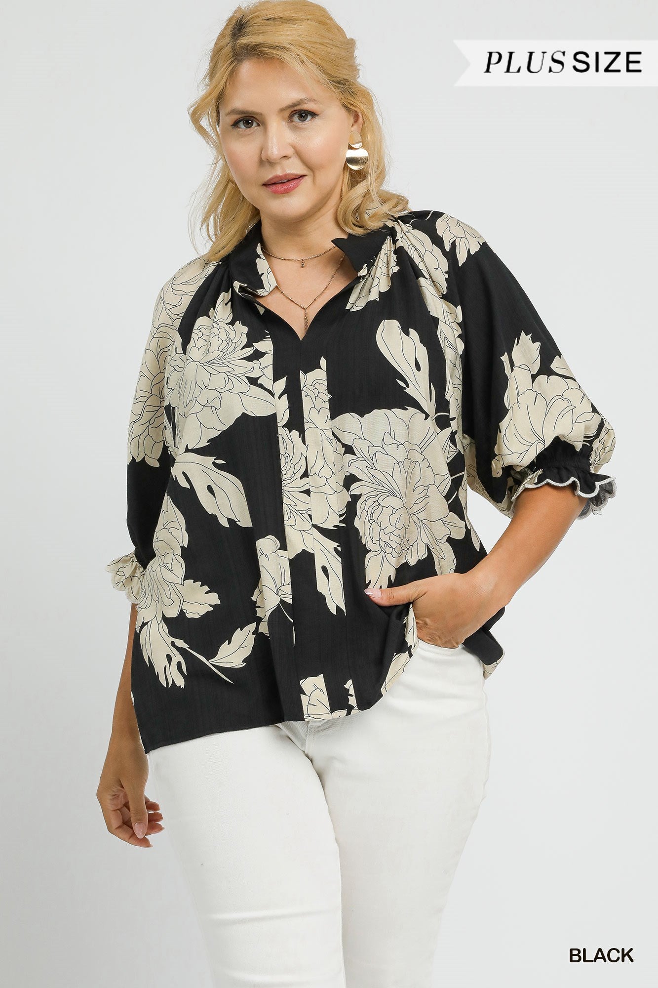 Umgee Floral Scallop Trim Blouse - Black