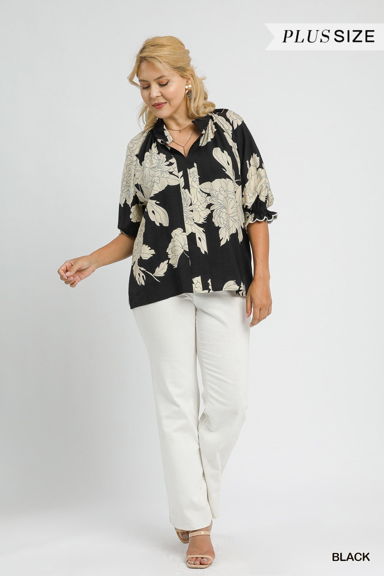 Umgee Floral Scallop Trim Blouse - Black