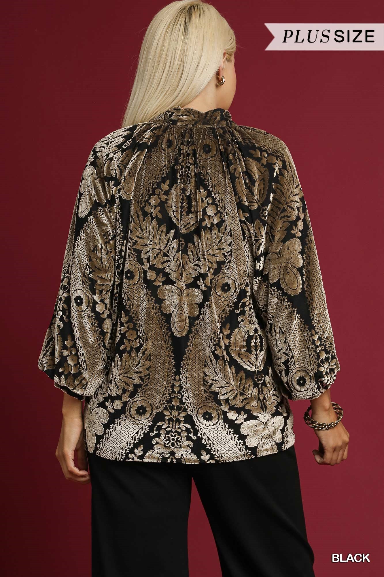 Umgee Damask Print Velvet Split Neck Top - Black