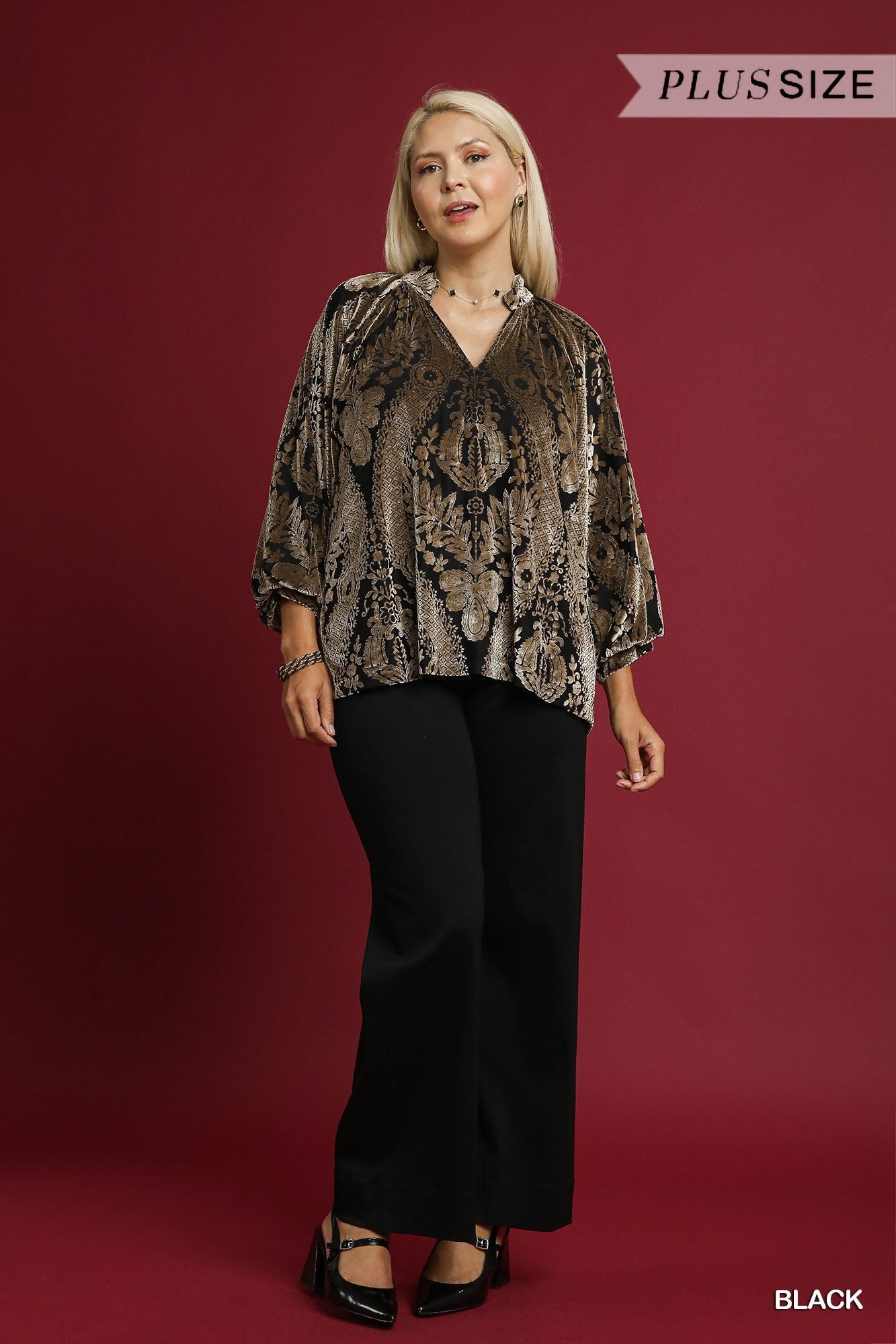 Umgee Damask Print Velvet Split Neck Top - Black