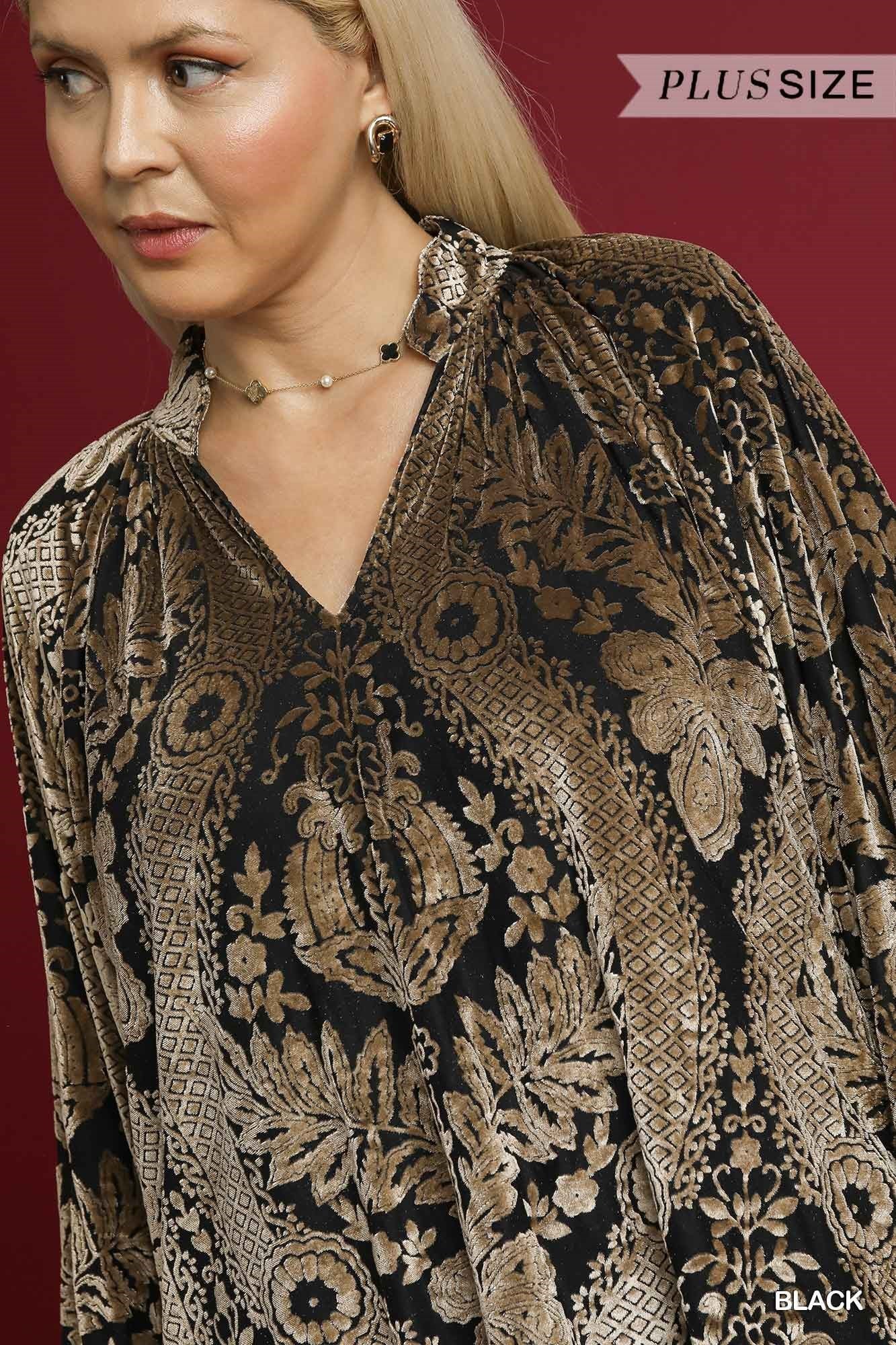 Umgee Damask Print Velvet Split Neck Top - Black