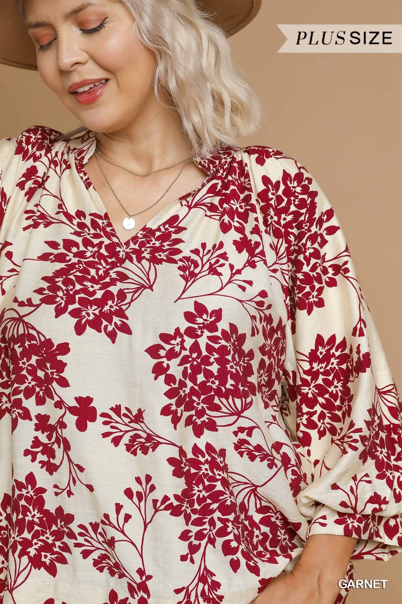 Umgee Cherry Blossom Print Scalloped Hem Blouse S - 2X