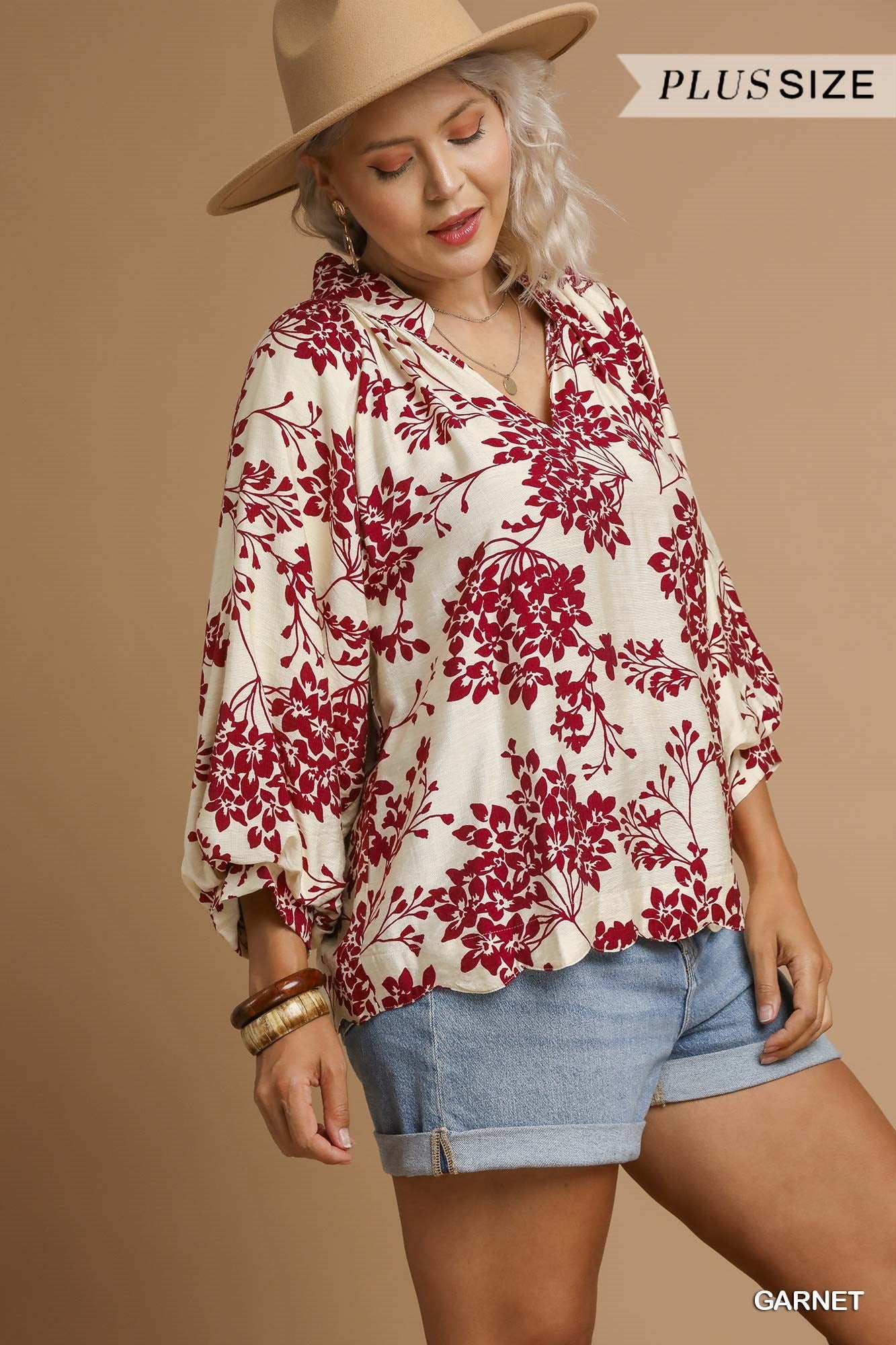 Umgee Cherry Blossom Print Scalloped Hem Blouse S - 2X
