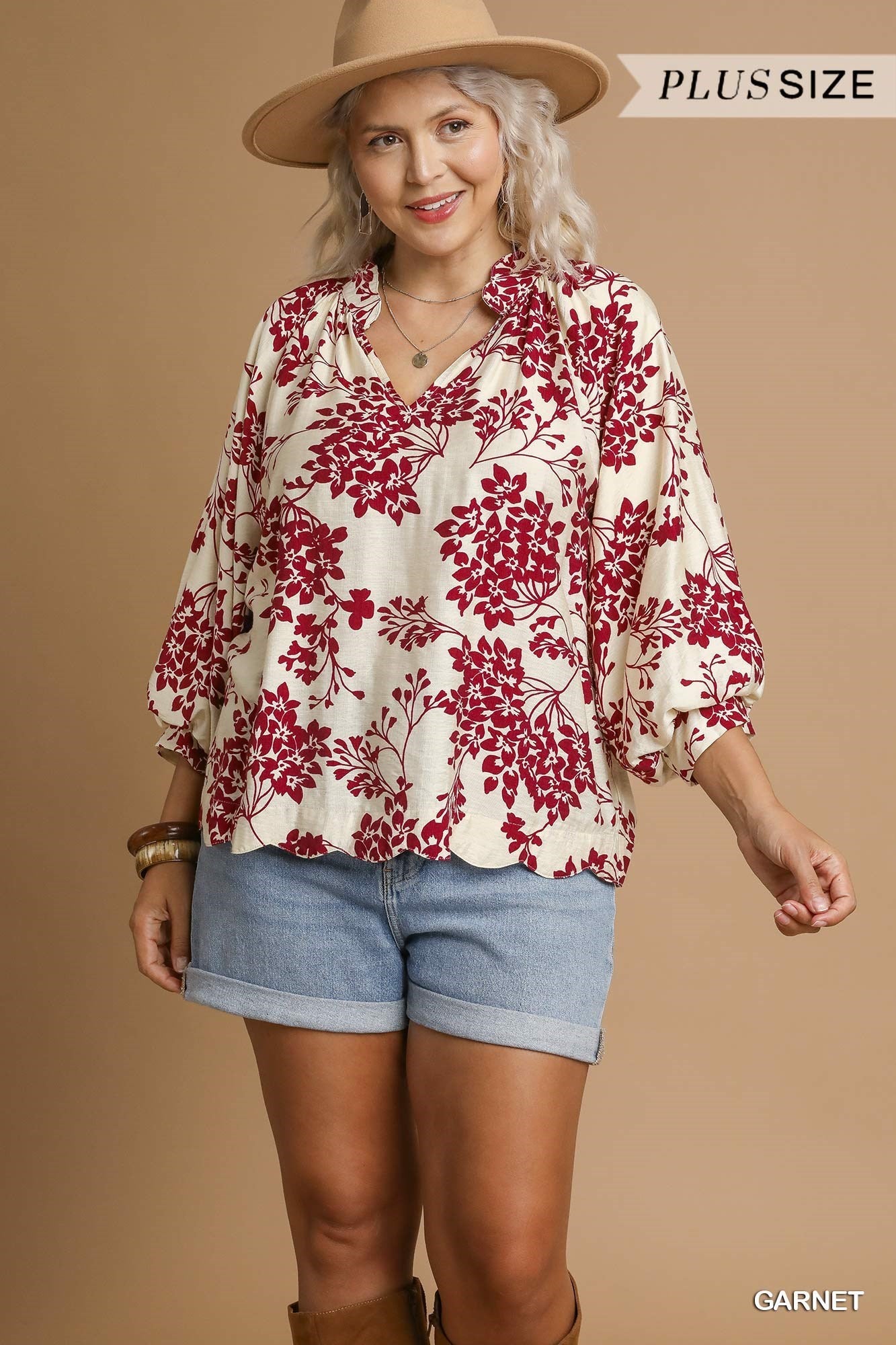 Umgee Cherry Blossom Print Scalloped Hem Blouse S - 2X