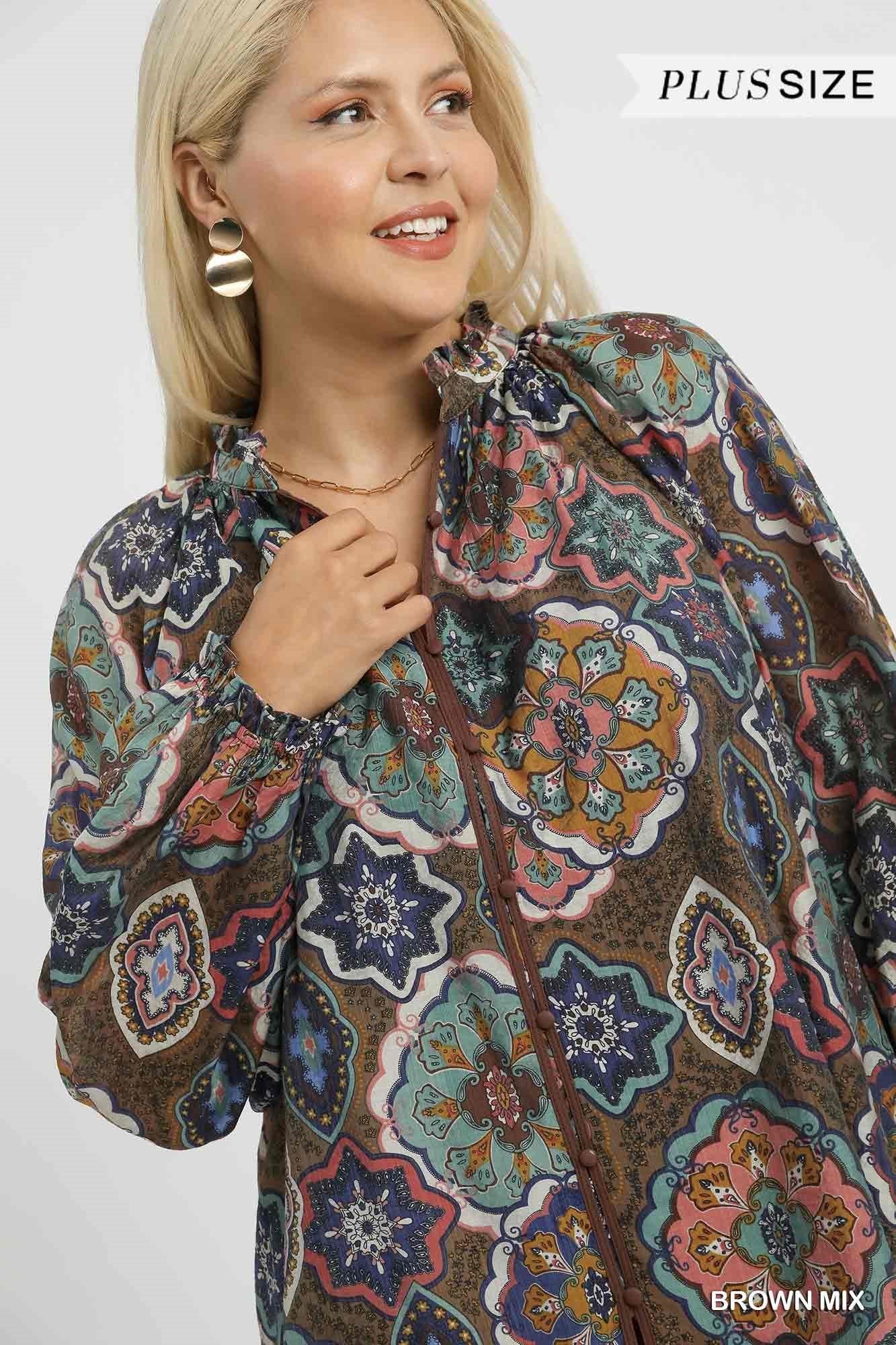 Umgee Boho Mosaic Print Button Down Blouse