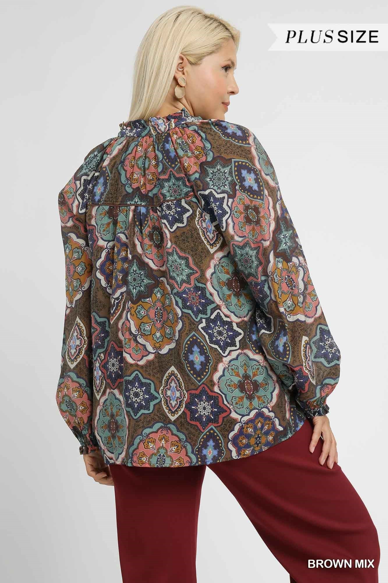 Umgee Boho Mosaic Print Button Down Blouse